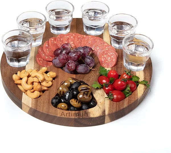 ARTIMUN Tequila Shot Glasses Wooden Tray for Gift and Decorations, Elegant Serving Tray for Parties and Celebrations, Shot Glasses Set, Charcuterie Boards, with Six Drinking Glasses, Bar Accessories