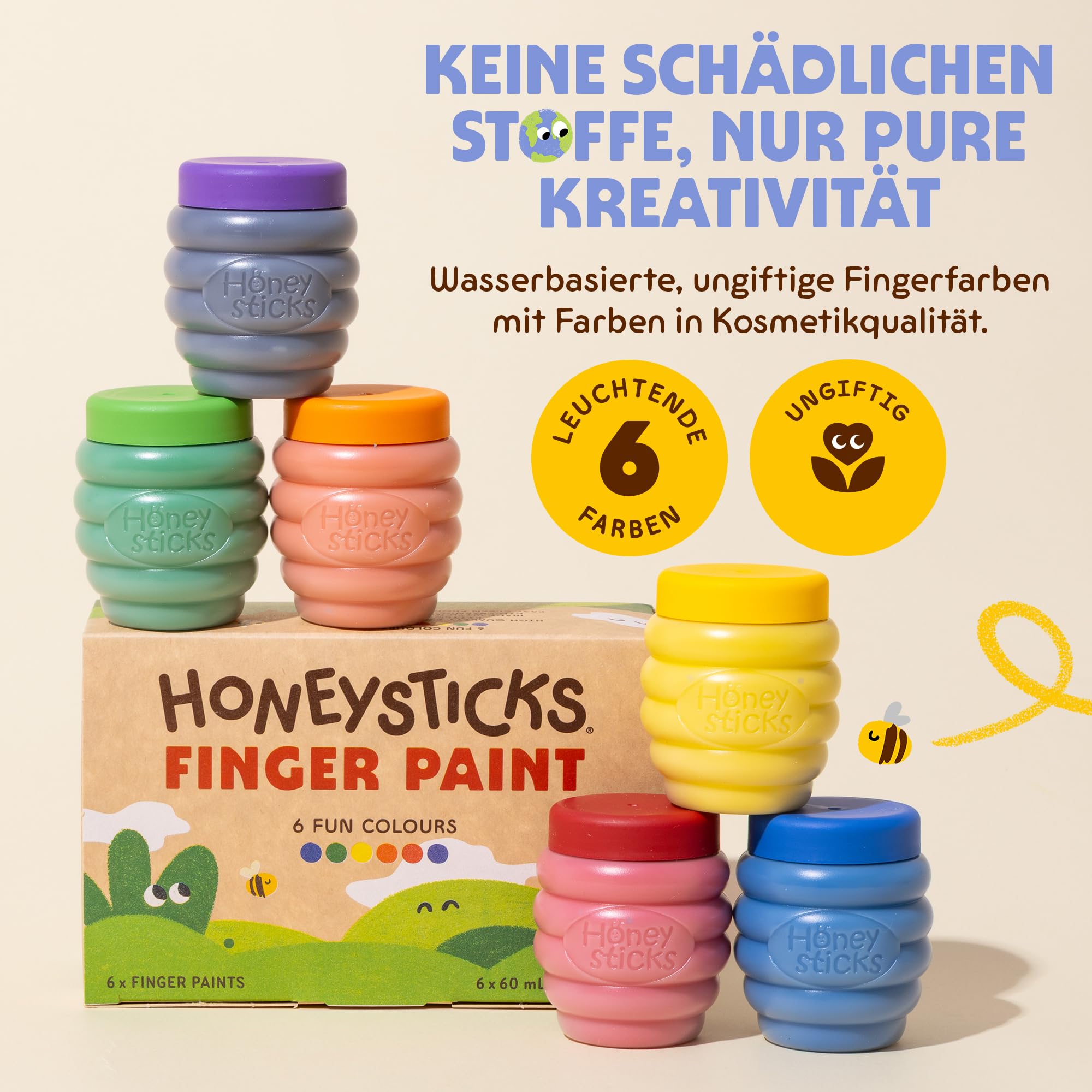Honeysticks Fingerfarben für Kinder Ungiftig ab 1 Jahr, 6 Leuchtende Farben, Abwaschbar, Unbedenkliche Fingerfarben für Kleine Künstler von 1-5 Jahren, auf Wasserbasis, Umweltfreundlich