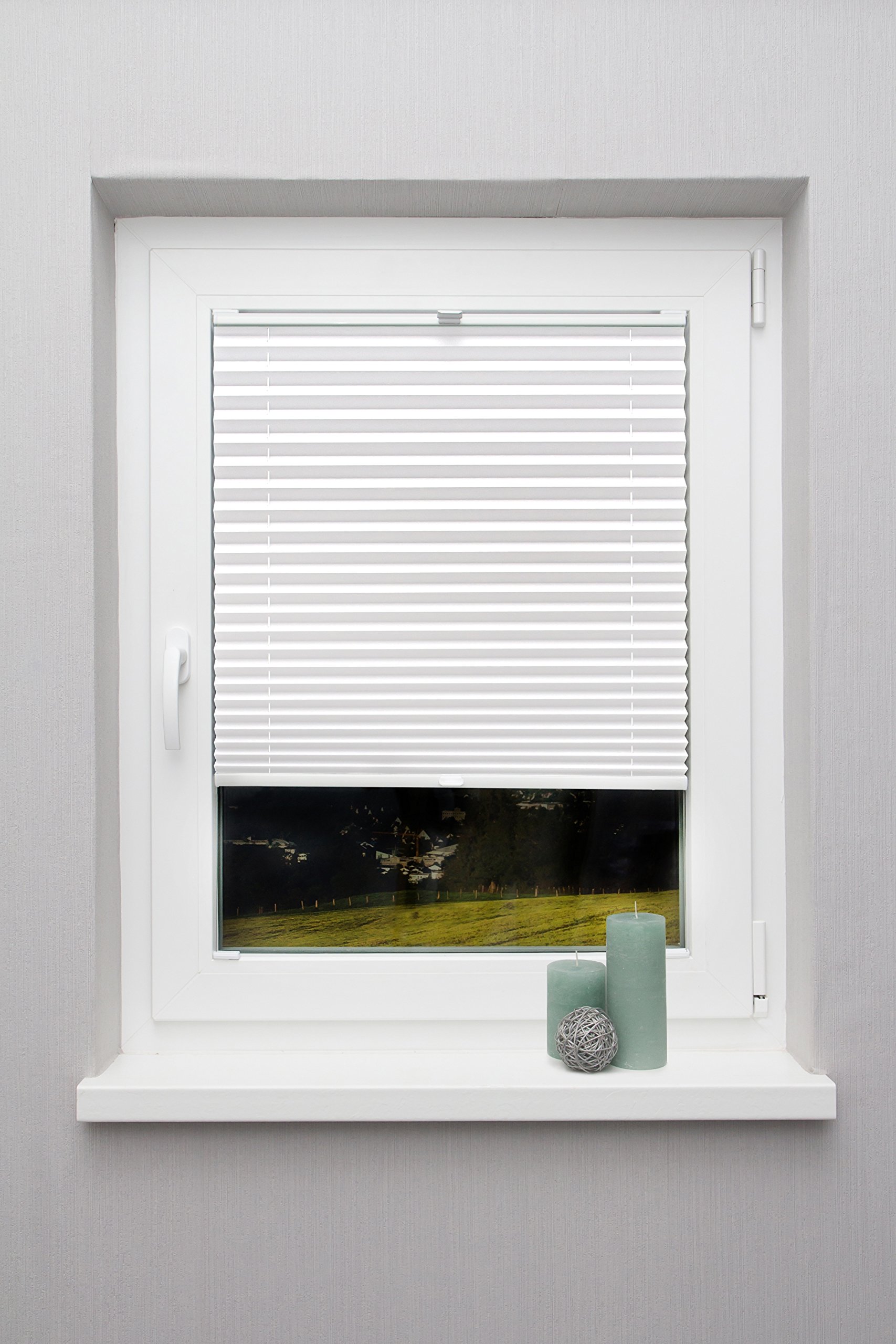 Plissee auf Maß für alle Fenster Montage Glasleiste Blickdicht mit Spannschuh Sonnenschutzrollo Weiß Breite: 81-90 cm, Höhe: 101-150 cm