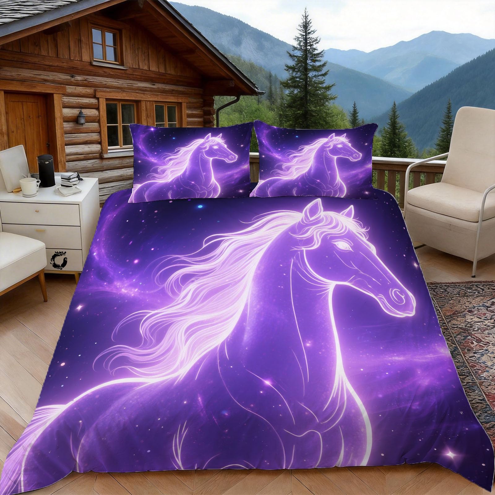 3D Single Duvet Cover Set 3D Printed Starry Sky Horse Bedding, Dreamy Soft Microfibre Duvet Cover Sets Quilt Cover and Pillow Set with Zipper 3 Pcs