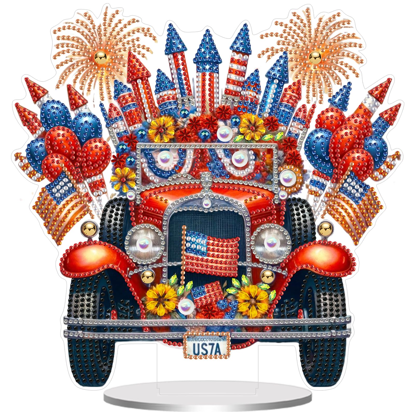 Diamond Art Kits for Adults - Independence Day American Flag Fireworks Car Stand Up DIY 5D Special Shape Desktop Decoration, Unique Tabletop Ornament & Craft Gift