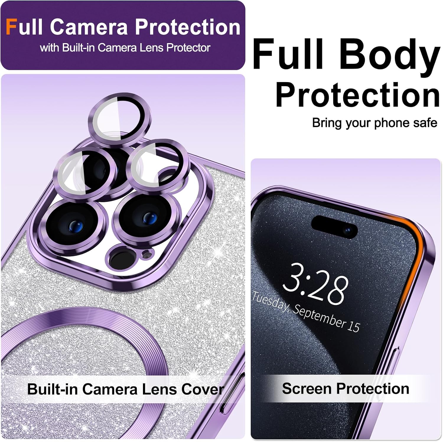Hython for iPhone 15 Pro Case Clear Magnetic Glitter Phone Cases [Compatible with MagSafe] Full Camera Lens Protector Slim Gradient Sparkle Luxury Plating Shockproof Protective Cover Women, Purple - Image 3