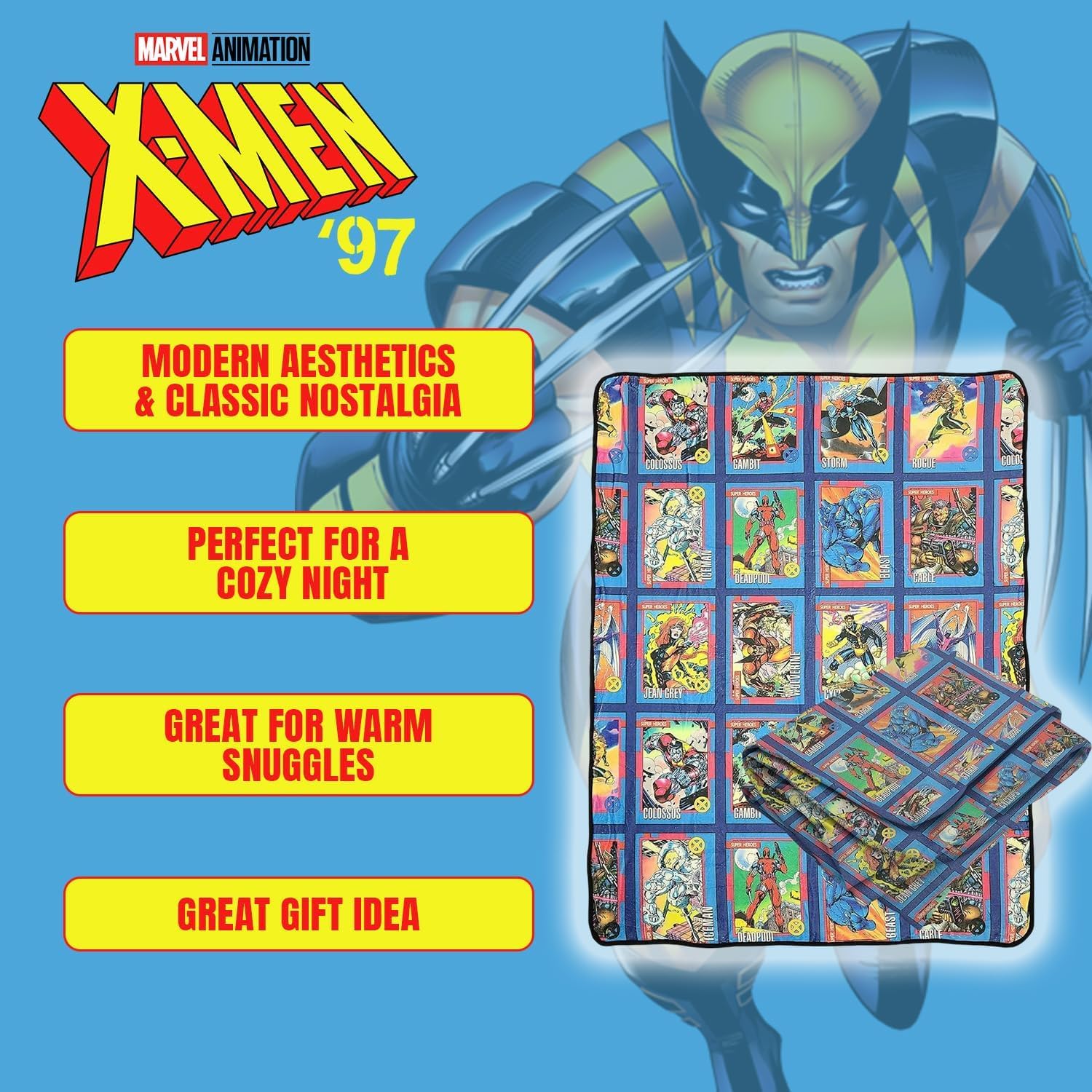 Marvel X‑Men Comic Cards Fleece Throw Blanket – Ultra‑Soft Silk‑Touch Polyester, Wolverine Deadpool Storm Gambit Art, Lightweight Warm Couch & Travel Blanket, 60 × 45 in