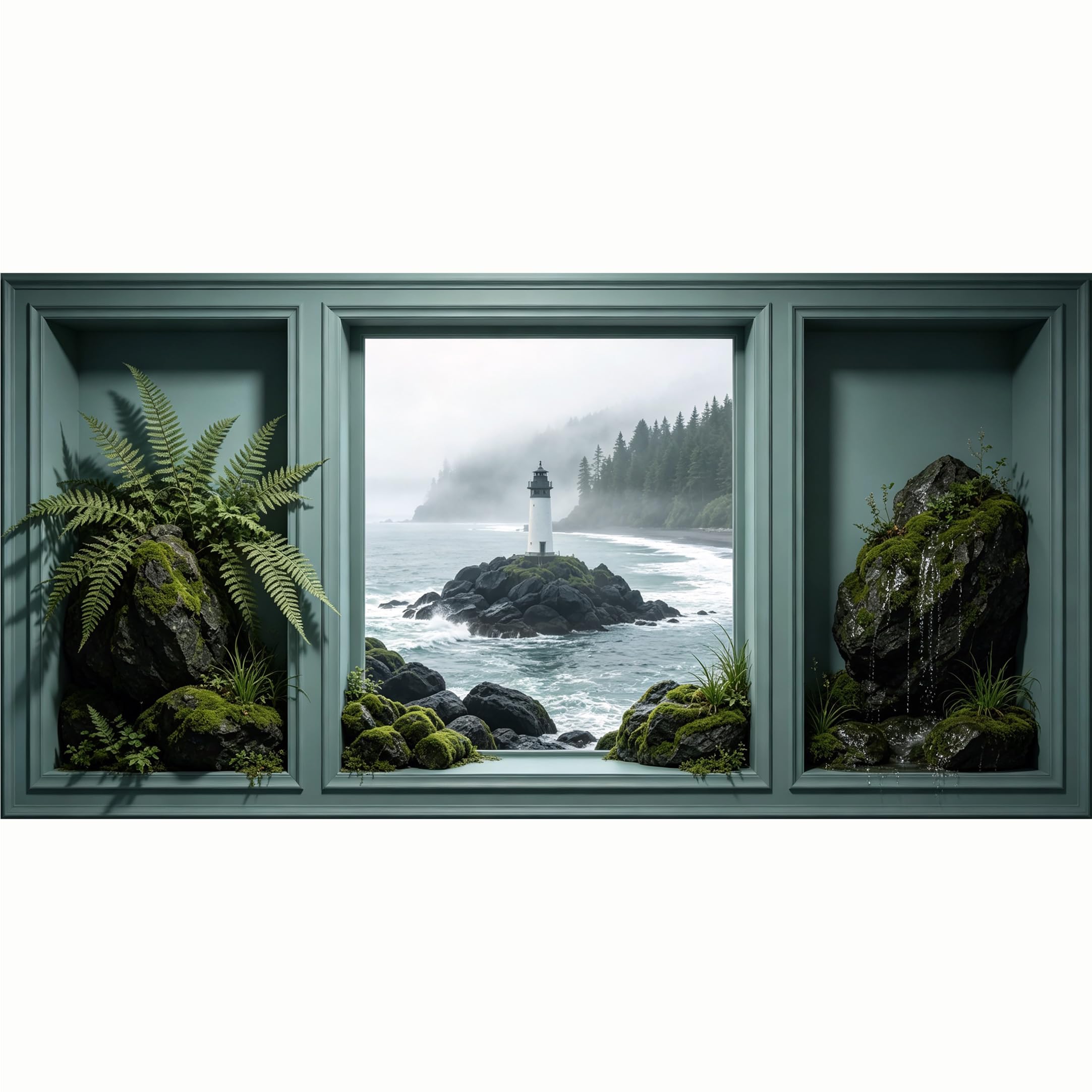 QZLITHOTIC 50x100cm 3D Framed Wall Art， Misty Lighthouse Coastal Landscape Self‑Adhesive Mural， Water‑Activated Peel & Stick Fabric Decor Wall Decal for Bedroom Living Room