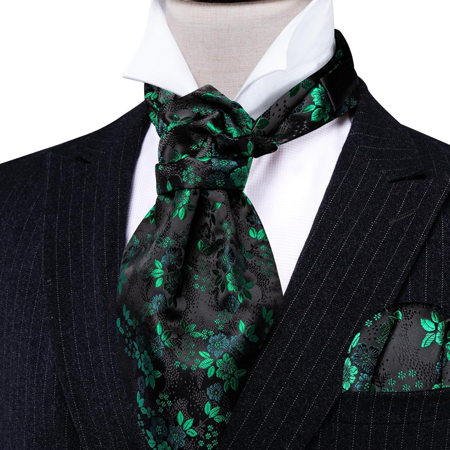 Barry.Wang Men Ascot Cravat Tie with Pocket Square Cufflinks Tie Set Paisley Jacquard Silk Woven Floral Necktie