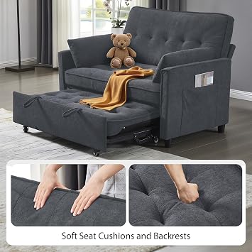 Convertible Sofa Bed, 3 in 1 Pull Out Couch, Loveseat Sleeper with Side Pocket, Living Room Sofa with Adjustable Backrest | USB Charging Port | Two Pillows | Fabric | Slate Gray