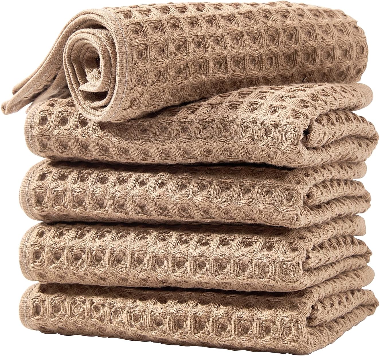 HEAVYWOOD Waffle Hand Towels 5pc 100% Cotton Reversible, Soft & Absorbent Decorative Hand Towel for Bathroom Clearance (Khaki, 5Packs)