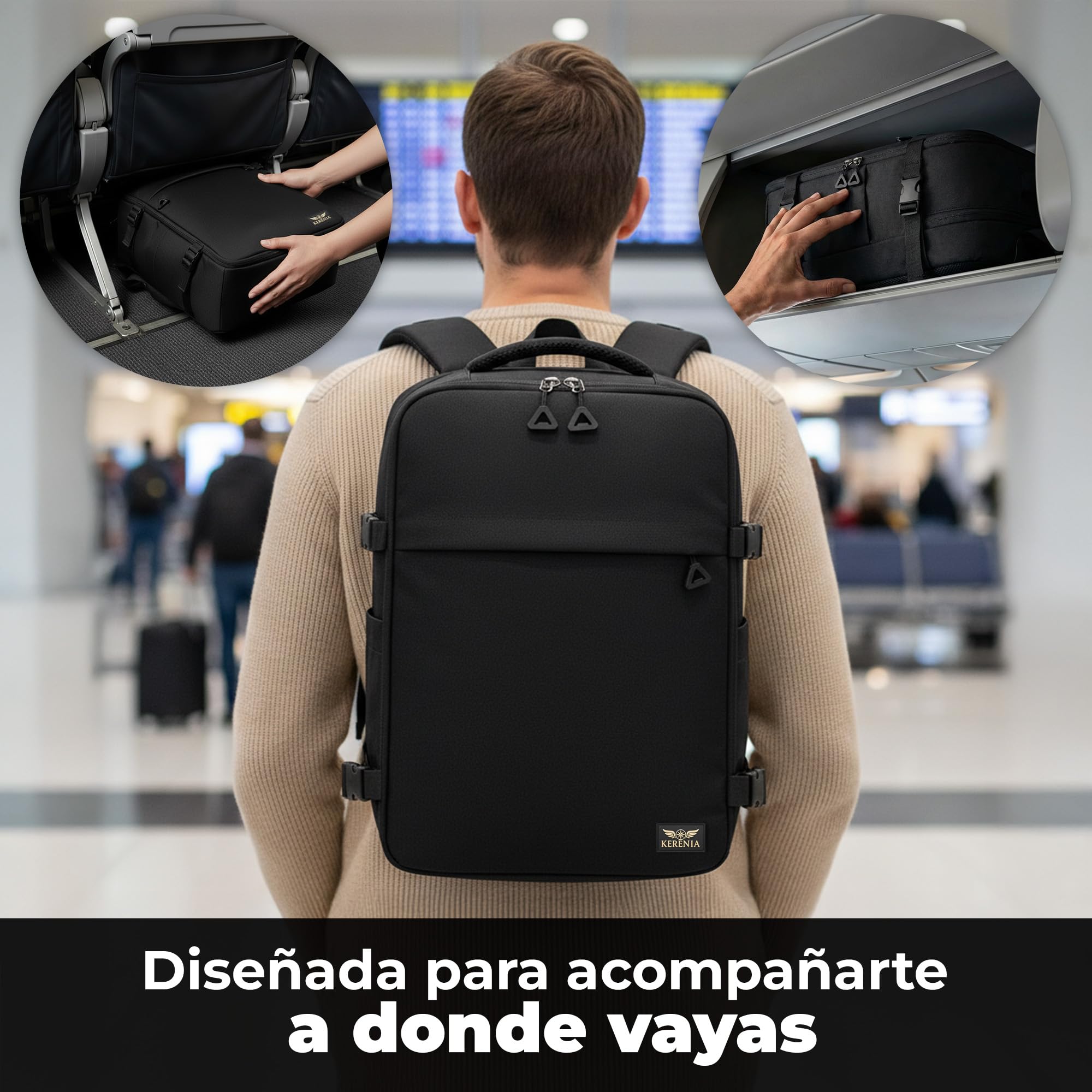 mochila cabina 40x30x20 24L Para Ryanair – equipaje de mano Bajo Asiento, mochila de viaje 40x30x20, Apertura 180º, Antirrobo, Compartimento portátil 15”, Banda Trolley, Diseñada en España.