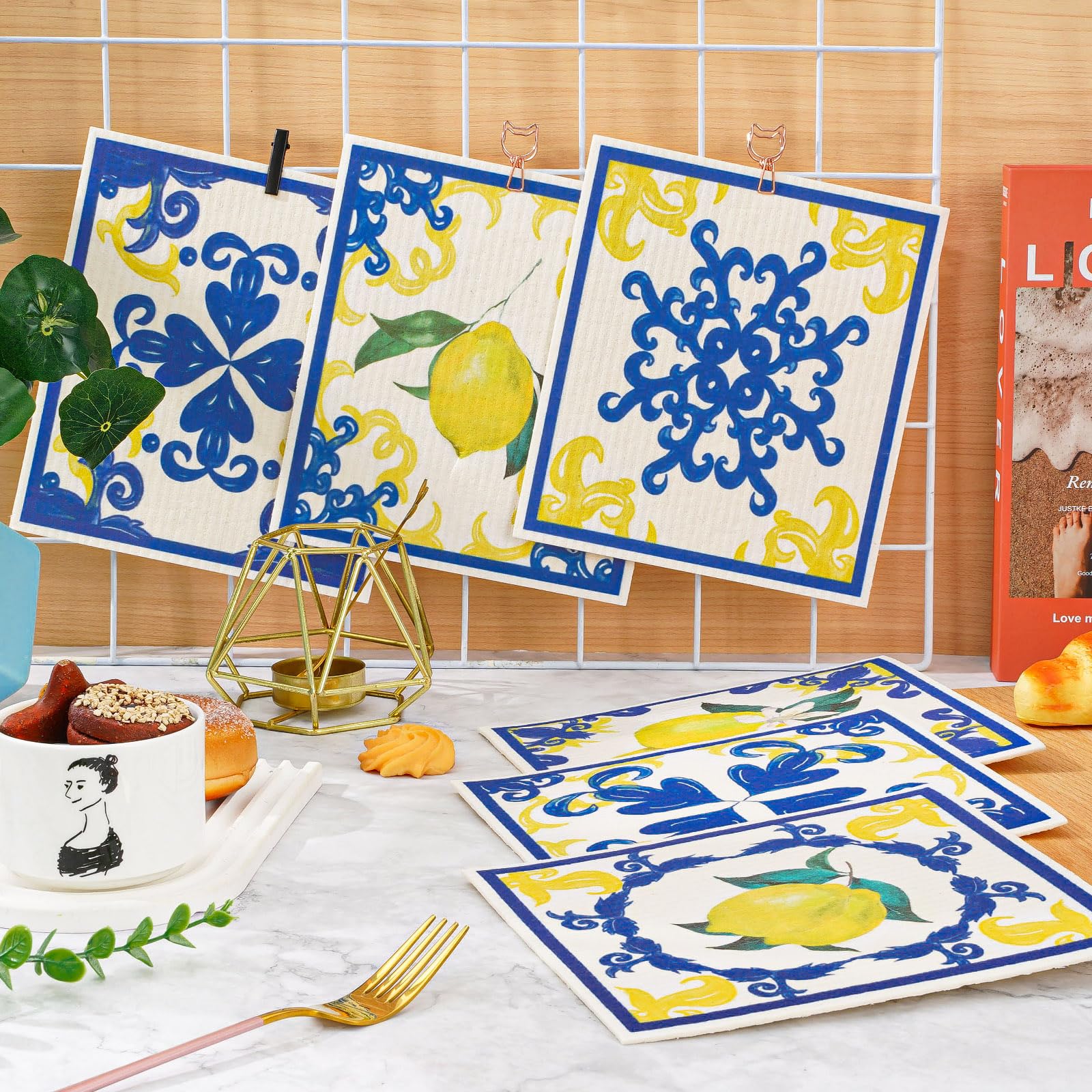 6-Pack Blue Lemon Swedish Dishcloths - Reusable Absorbent Kitchen Towels, Eco-Friendly Sponge Cloths