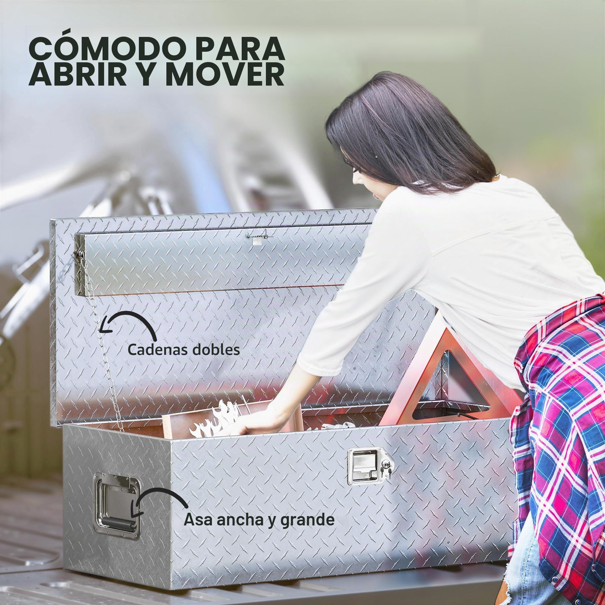 HOMCOM Caja de herramientas de aluminio con cerradura y 2 llaves, asa lateral, caja portaútiles resistente de 43 l, caja portaobjetos para camionetas, caravanas y remolques, 76,2 x 33 x 24,4 cm,