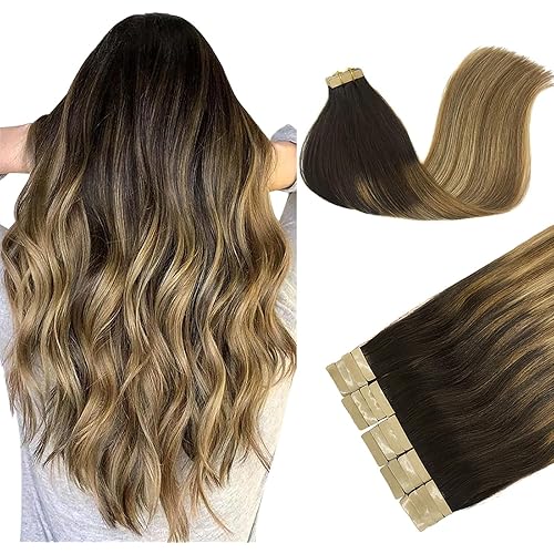 DOORES 14 Inch Tape in Hair Extensions Real Hair Balayage Dark Brown to Chestnut Brown and Dirty Blonde Remy Human Hair Extensions Tape in Natural Hair Straight Skin Weft 20pcs 50g