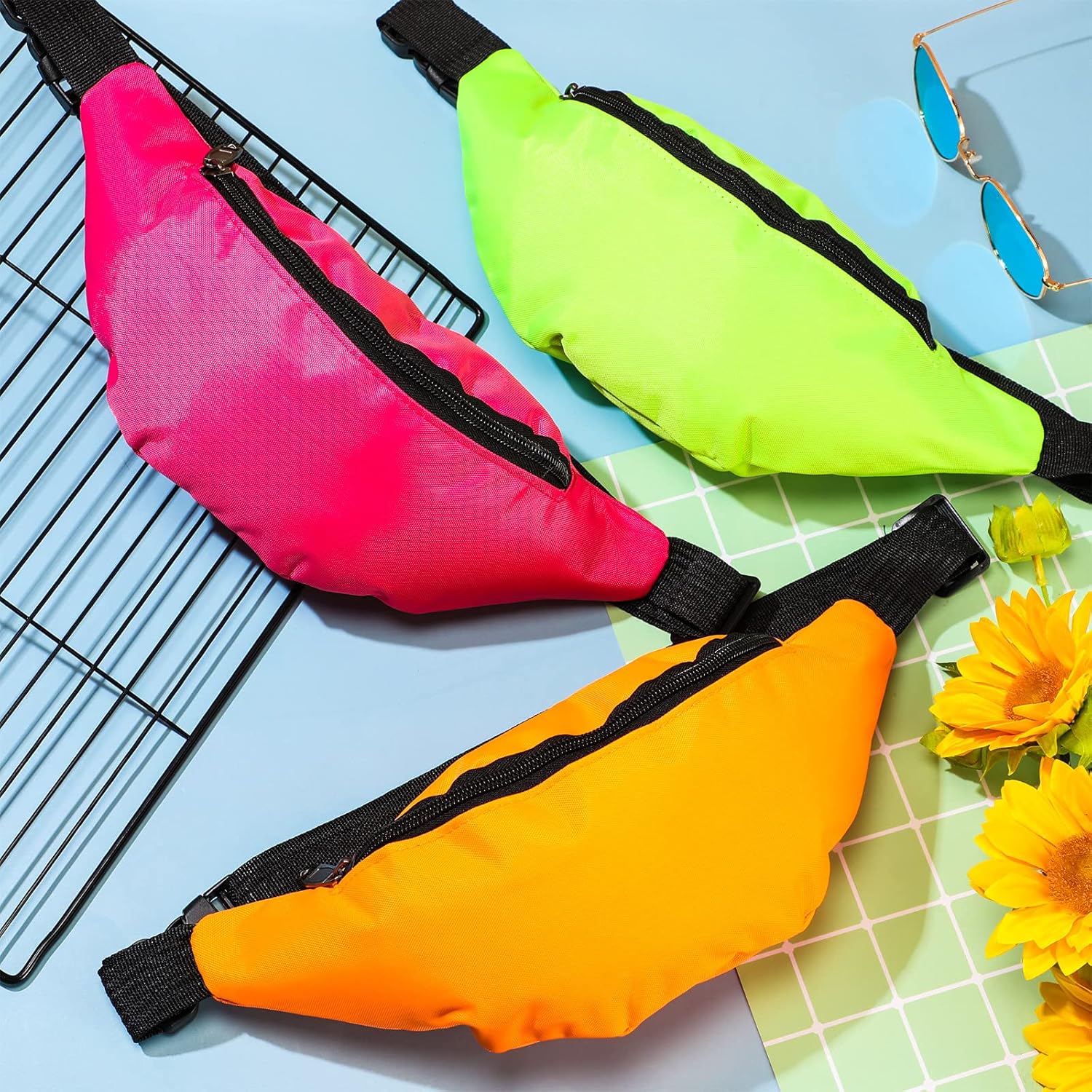 Saintrygo 9 Pieces Neon Fanny Packs 80s Party Colorful Waist Bags Oxford Cloth Fanny Packs Zippered Belt Bags with Adjustable Belt for Theme Parties Hiking Running Cycling - Image 4