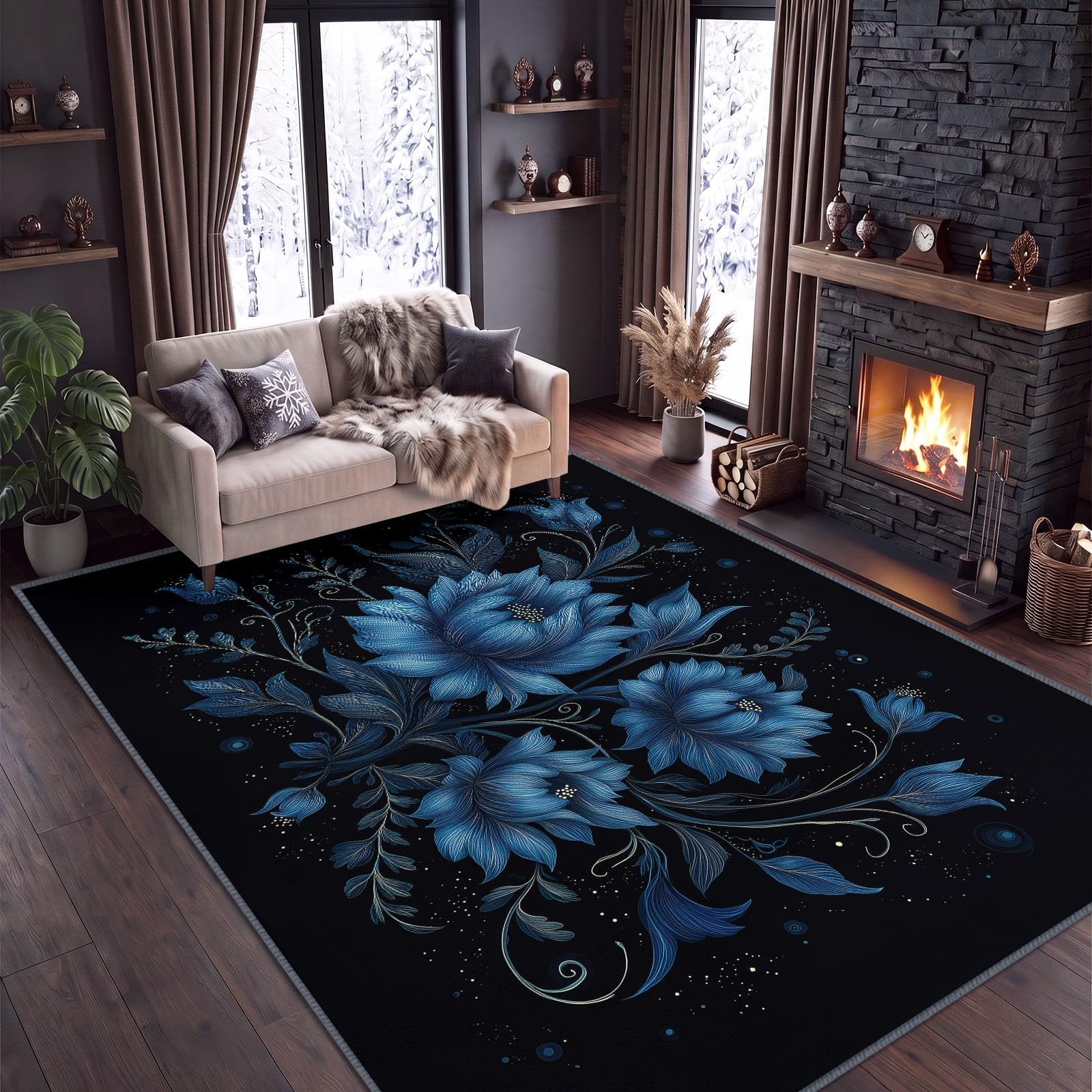 Kurzflor Teppich Wohnzimmer Minimalistisch Floral Blume Flauschig Weiche Anti Rutsch Unterseite Teppiche für Kinderzimmer Schlafzimmer Küche, Pflegeleicht Waschbare Fußmatte, Blau, 180 x 240 cm