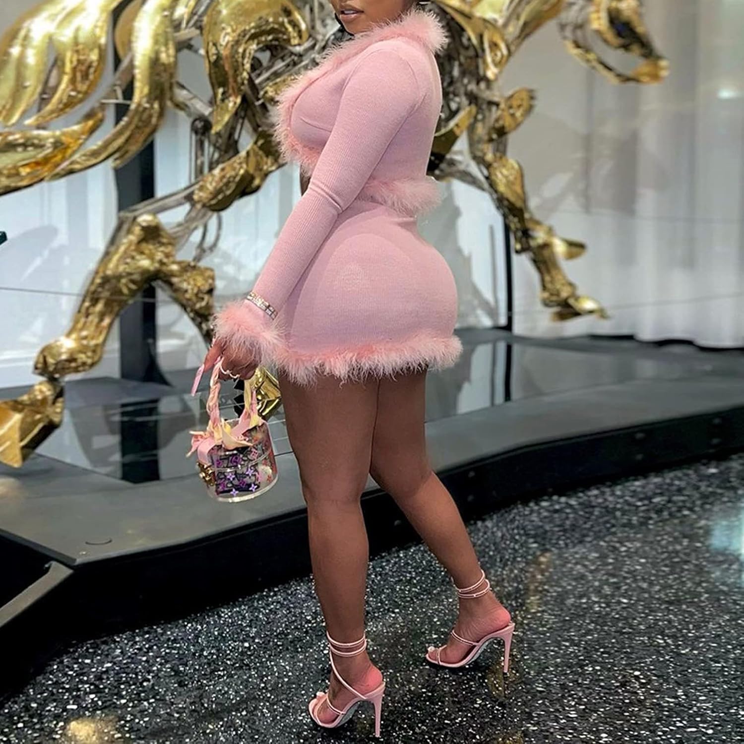 Women Sexy 2 Piece Outfits Rave Tie-up Feather Trim Fur Long Sleeve Cardigan Deep V Blouse - Image 4