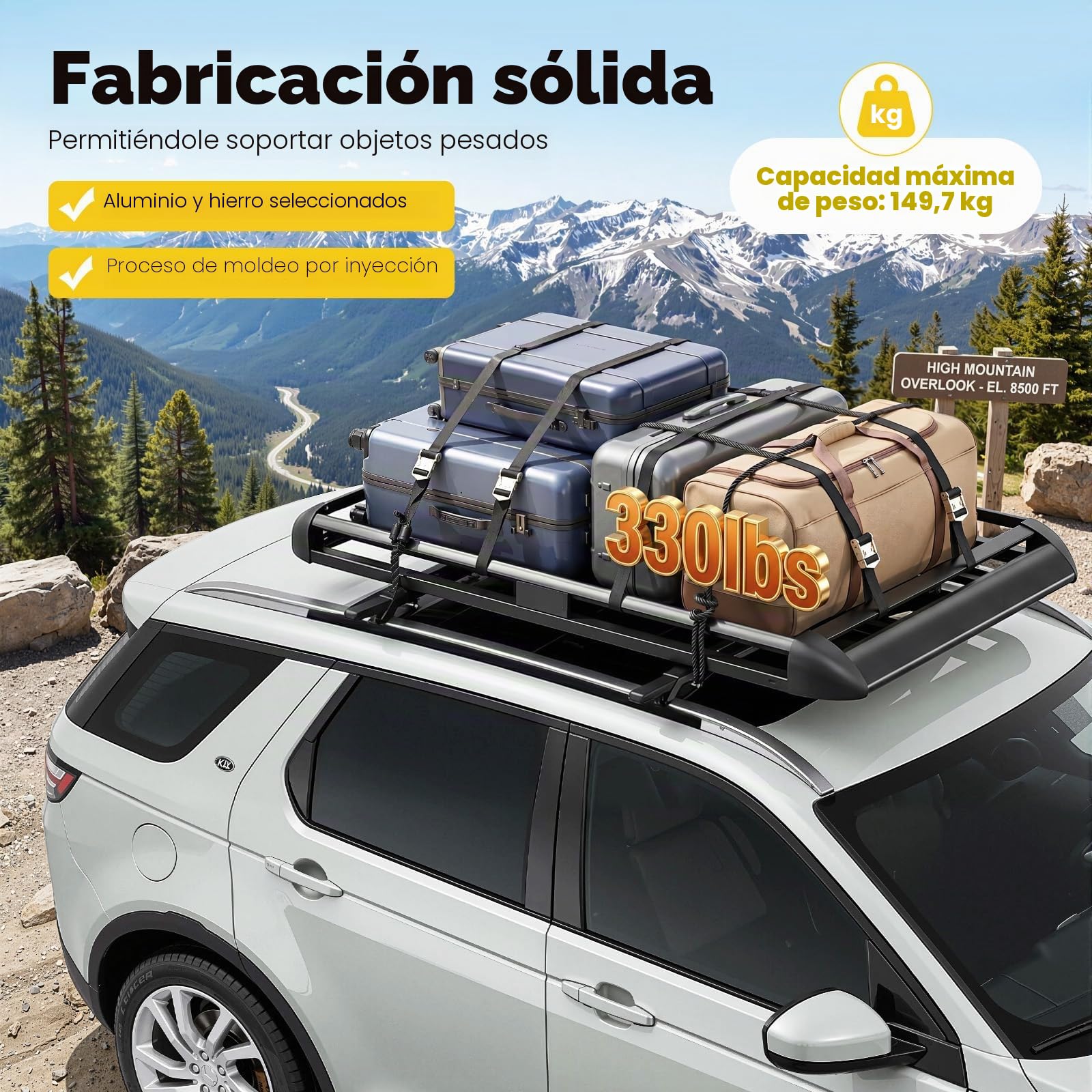 Portaequipajes para Coche, Baca de Techo para SUV, Máx 150Kg, Baca de Techo Universal, Cesta de Transporte de Acero y Aluminio, Portaequipajes Ajustable 100-135Cm para Viaje y Camping