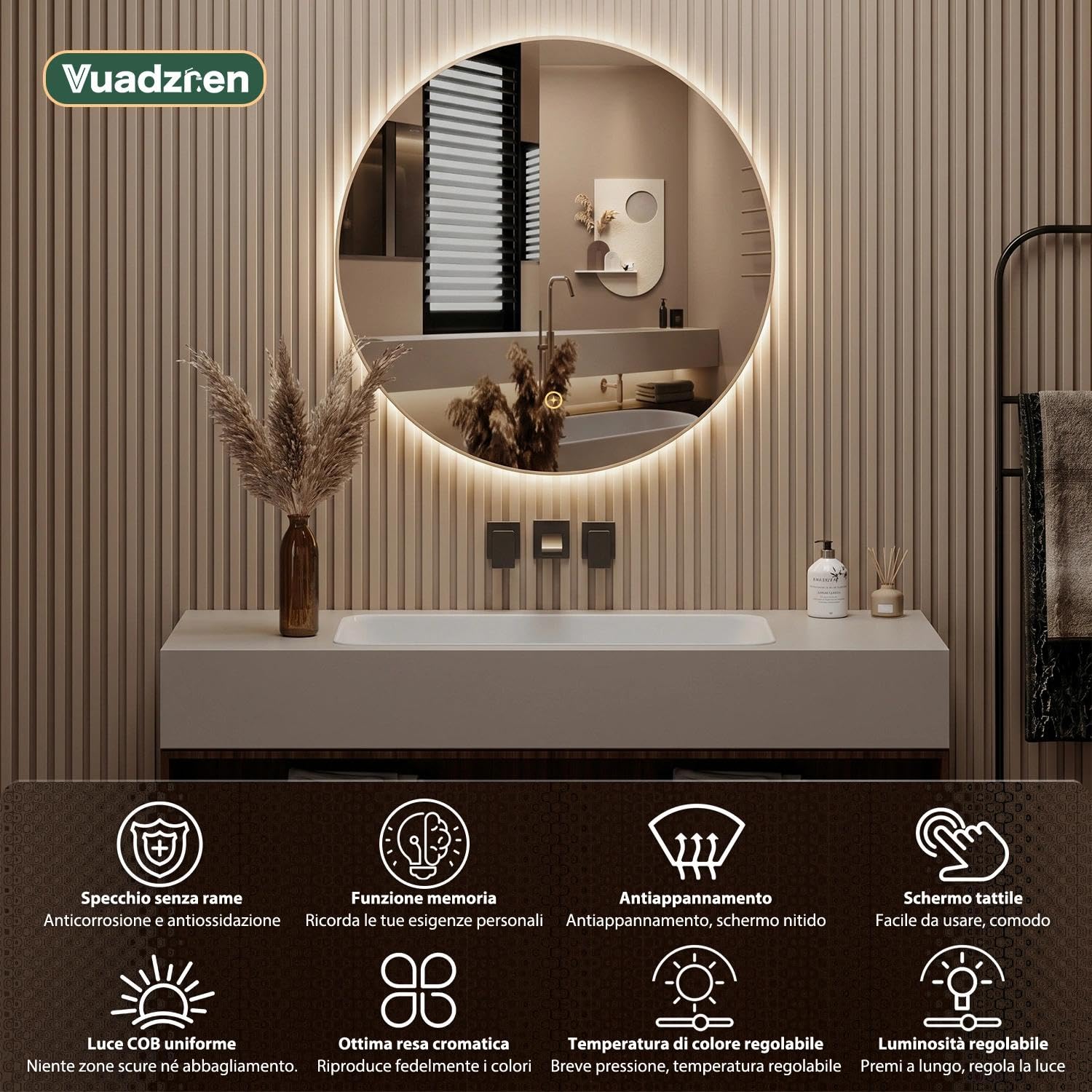Specchio Rotondo da Parete 60cm LED COB Retroilluminato Bagno Specchio Rotondo Illuminato Controllo Touch Dimmerabile Anti-Appannamento Cornice Alluminio Dorato