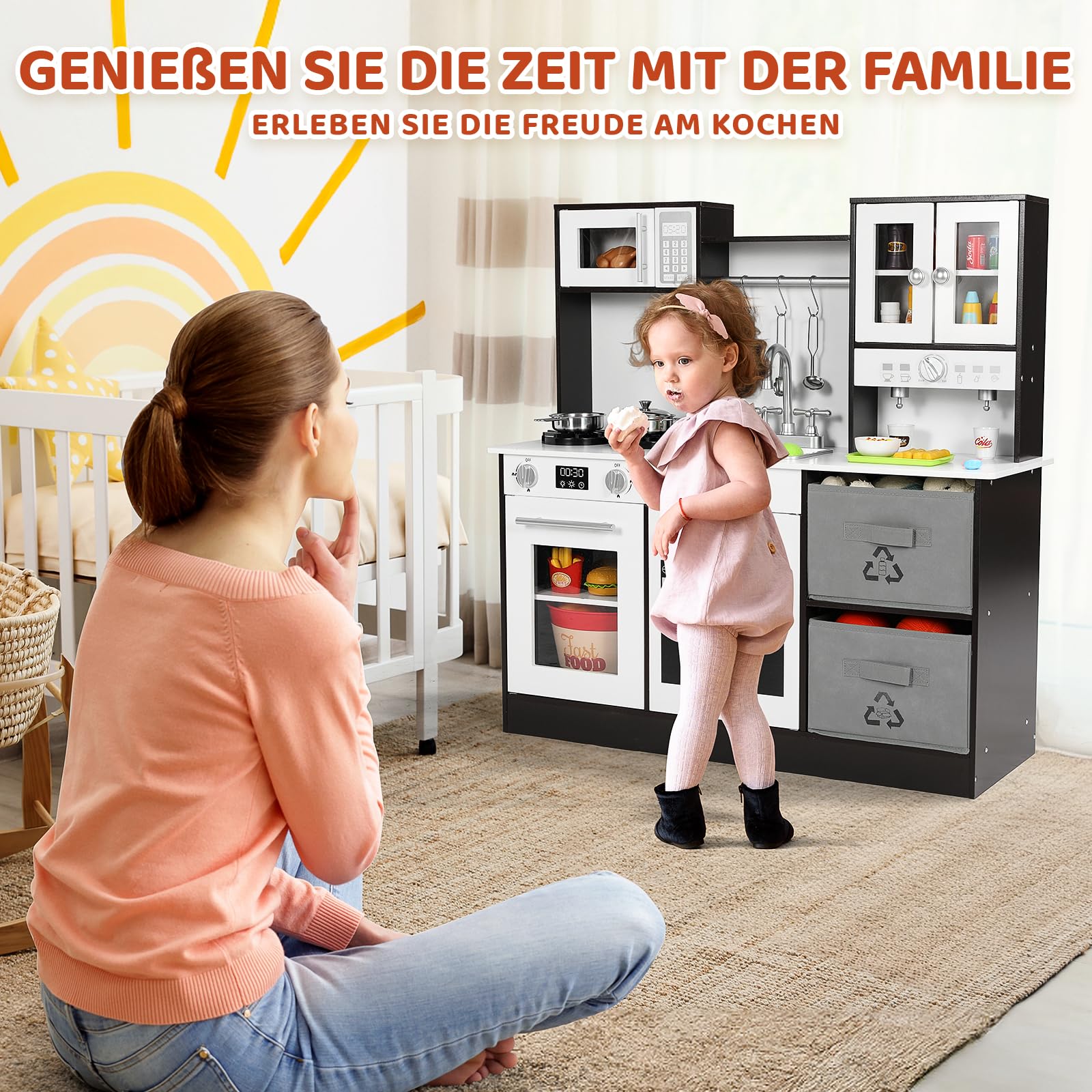 MAMIZO Kinderküche Holz, Spielküche mit Licht und Sound, Puppenküche Holz für Kinder, 90x30x90 cm kinderküchen, mit Küchenzubehör und 2PCS Aufbewahrungsboxen, Spielzeug für Kinder ab 3 Jahren, Braun