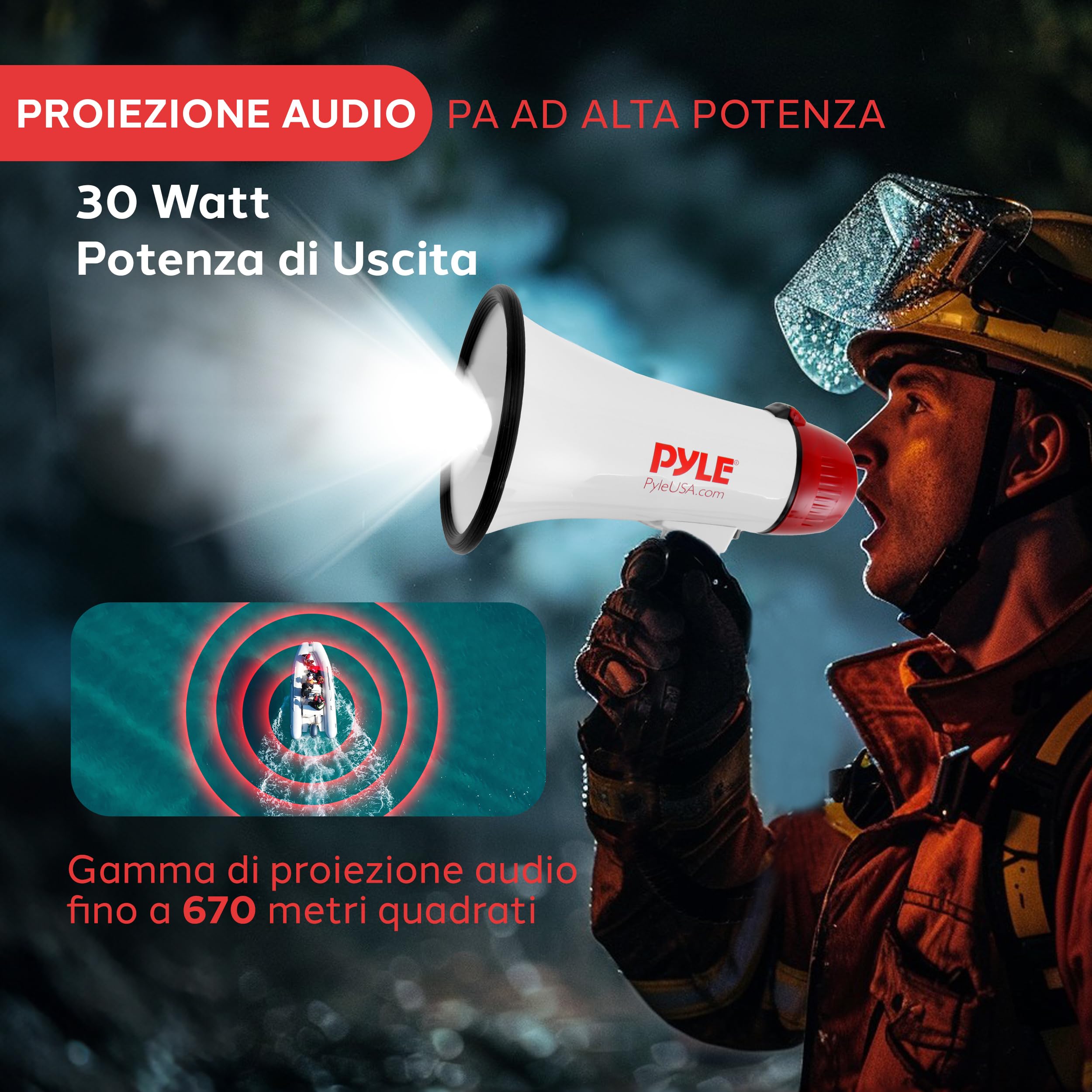 Pyle Megafono Portatile 30 Watt con Sirena e Luci LED, Controllo Volume Regolabile per Calcio, Basket, Baseball, Cheerleading, Allenamenti e Sicurezza