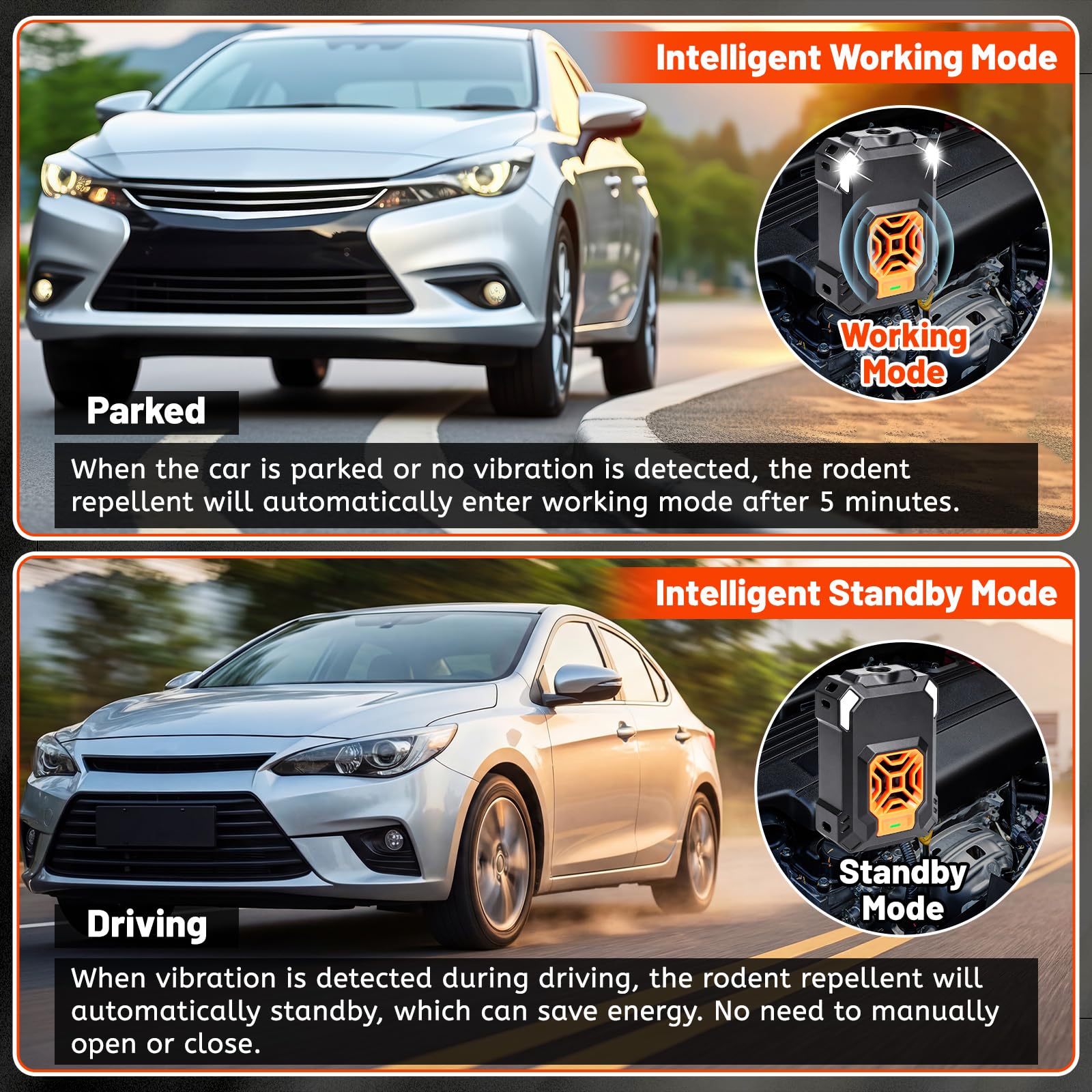 Paquete de 6 repelentes ultrasónicos de roedores para motores de automóvil, repelente ultrasónico de roedores para debajo del capó, enchufe y alimentado por USB con 4 luces estroboscópicas para