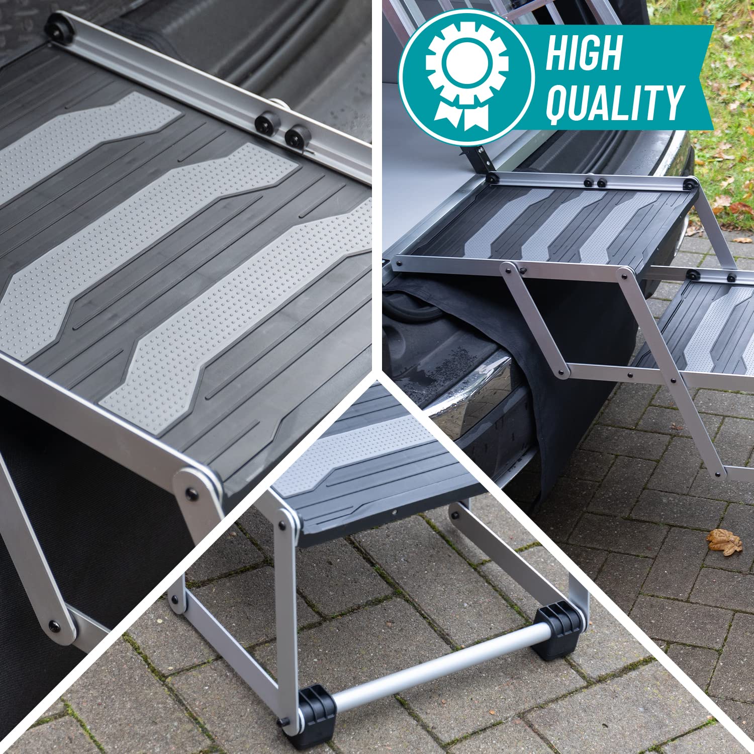 VOSS.PET Faltbare Hundetreppe, 3-stufige Kofferraumtreppe, Gelenkschonende Auto-Treppe, Einstiegshilfe für Hunde aus Aluminium mit Schutzmatte