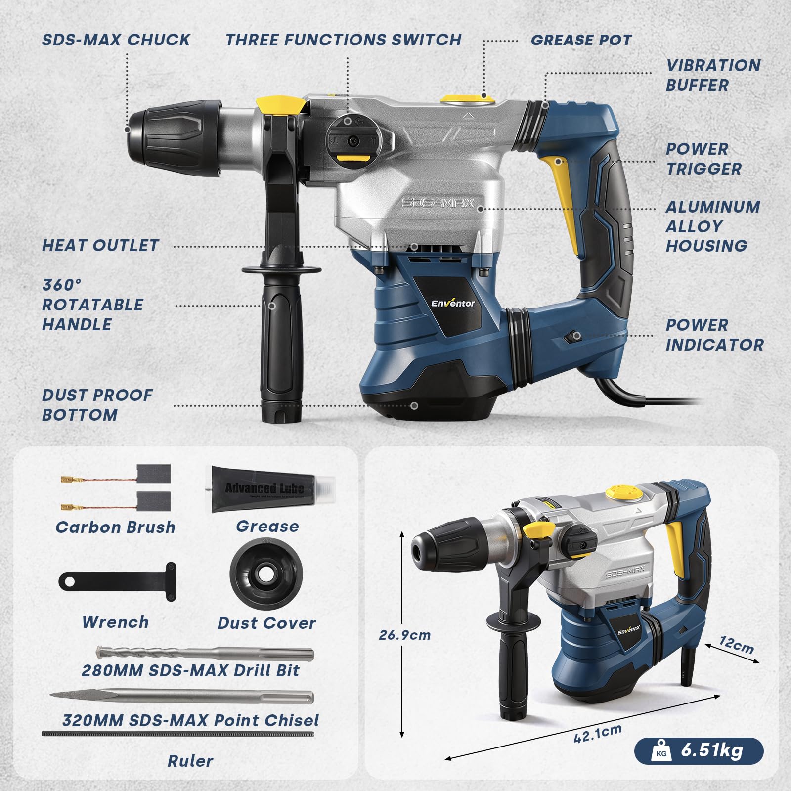 Enventor Marteau Perforateur SDS-MAX, 1500W, 12J, 3 Fonctions