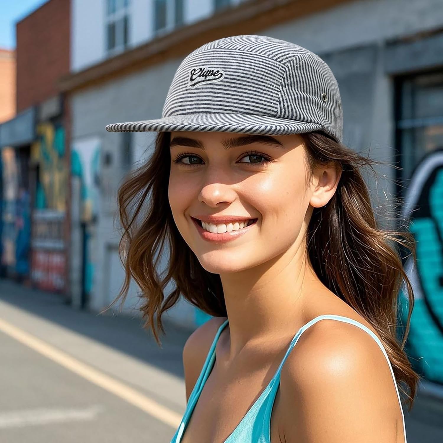 CLAPE Cotton 5 Panel Hat, Flat Brim Baseball Cap, Breathable Striped Unstructured Adjustable Dad Hat for Men & Women - Image 2