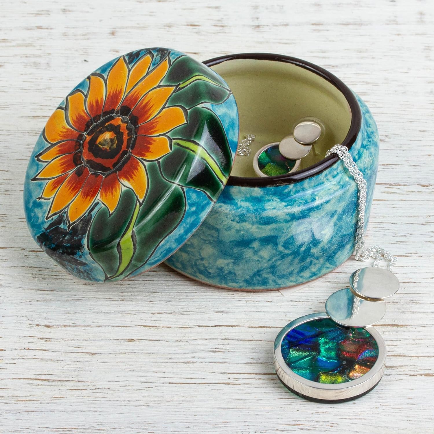 NOVICA Artisan Handmade Ceramic Jewelry Box Painted Sunflower Multicolor Mexico Boxes Floral Hacienda [2.4in H x 3.1in Diam.] ' Brilliant Sunflower'