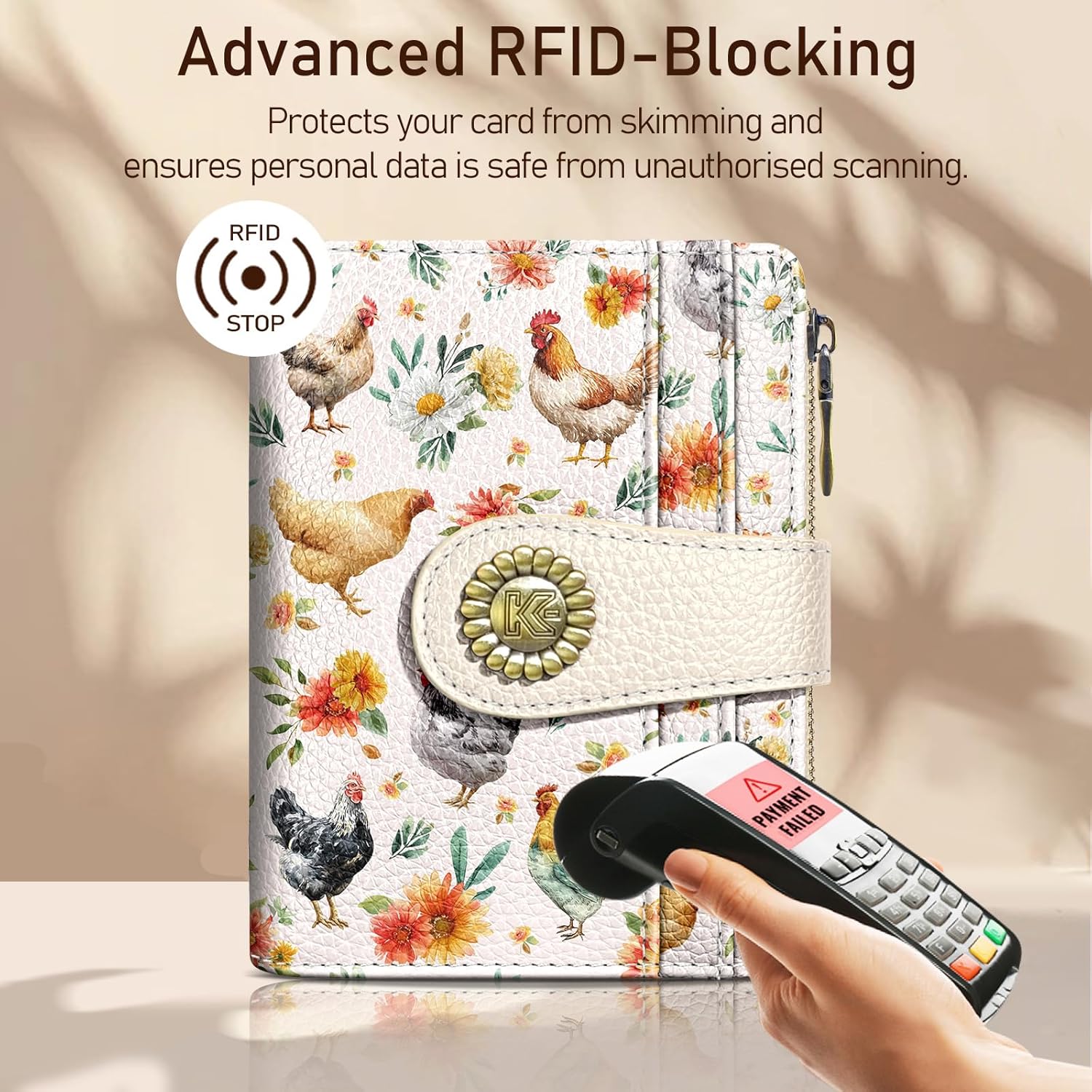 Roosters Chicken Small Rfid Women Wallet Bifold Zipper Coin Pocket PU Leather Compact Cash Credit Card Holder Travel Wallet for Female Ladies Teen Girls 1 ID Window 10 Card Slots - Image 3