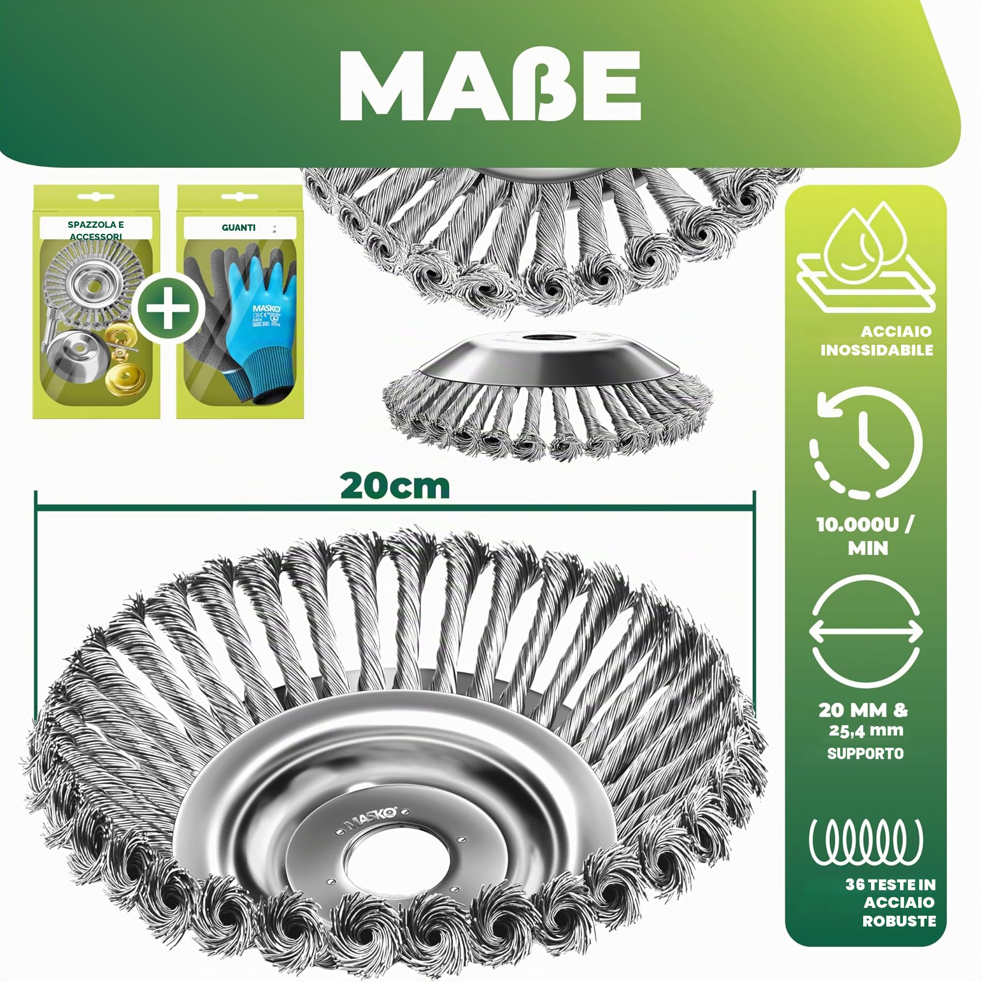 MASKO® Spazzola per erbacce per decespugliatore e decespugliatore | Spazzola per erbacce 25,4 & 20 mm foro | Spazzola metallica per la rimozione efficace delle erbacce compatibile con Stihl | Spazzola