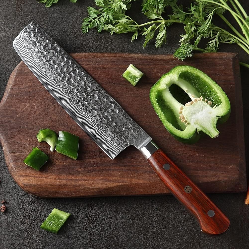 Meat Cleaver Knife, 7 inch Nakiri Knife Damascus Steel Stainlesss Steel Chinese Kitchen Knife Cleaver Cutting Meat Knife with Rosewood Handle