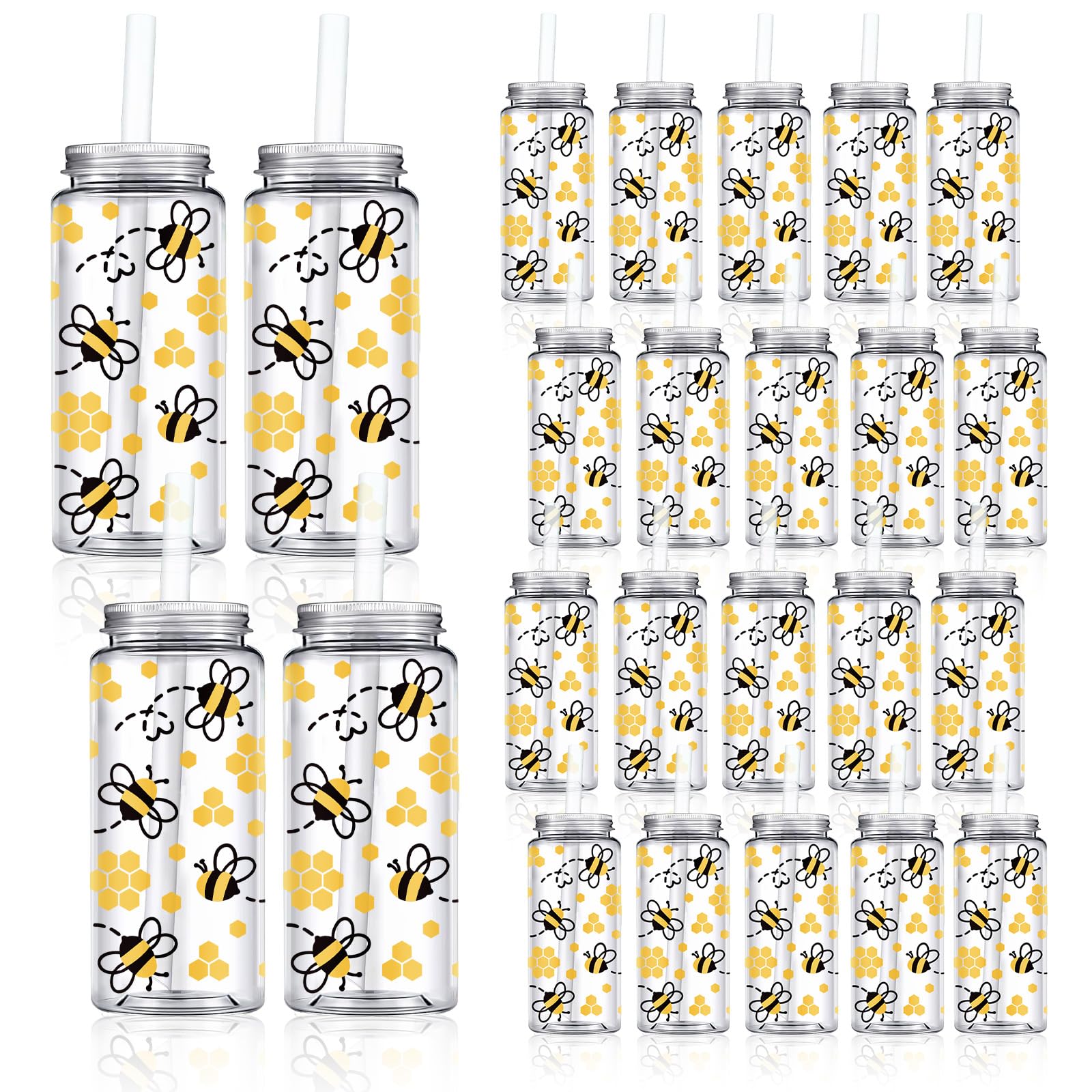 Photo 1 of Whaline 20 Pcs Bee Plastic Cups with Lids and Straws Clear Party Drinking Cups Bee Honeycomb Reusable Tumblers for Spring Summer Birthday Baby Shower Party Supplies