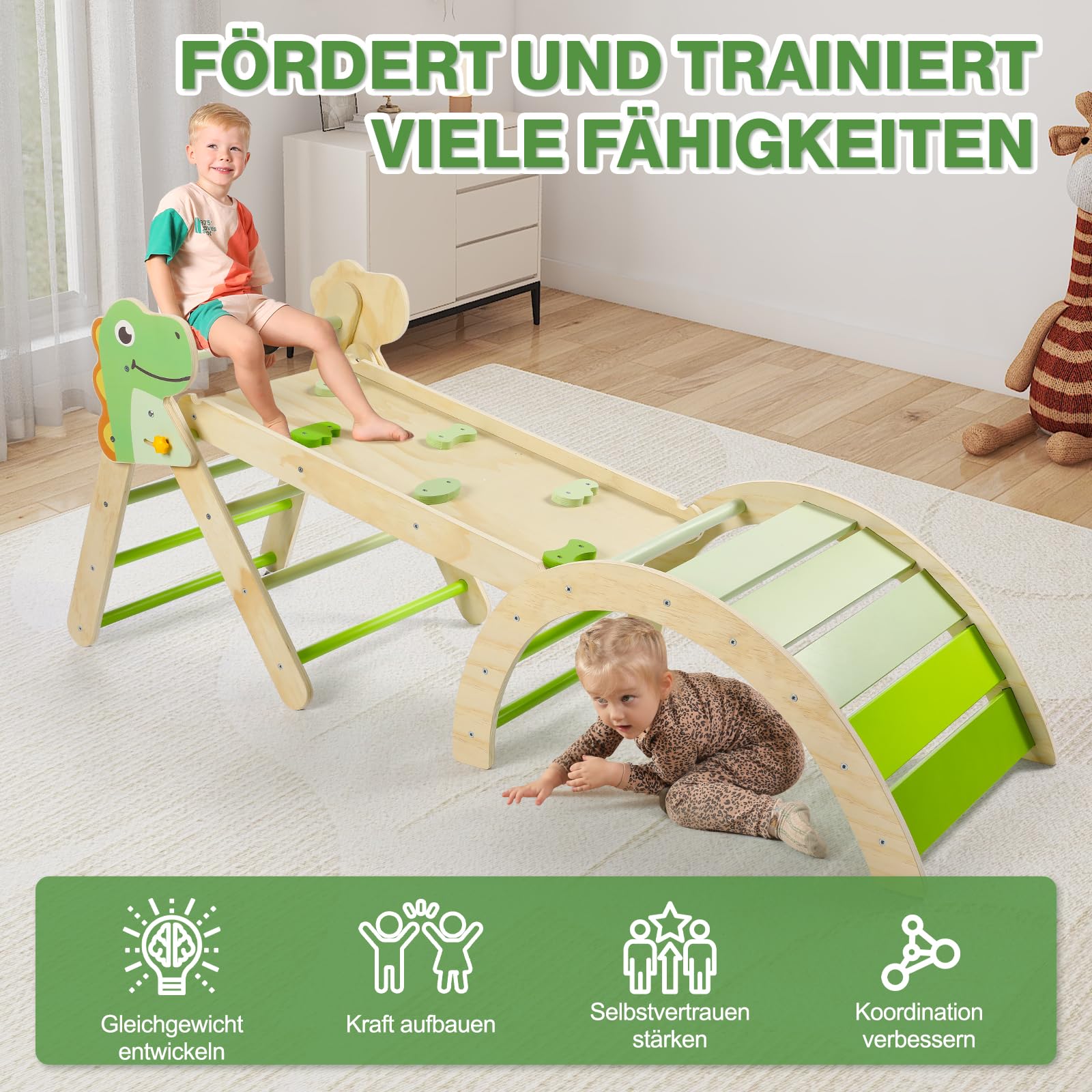 7-in-1 Montessori Kletterdreieck Set mit Rutsche, Kletterbogen & weichem Kissen – Holz Klettergerüst für Babys & Kleinkinder, Indoor Spielgerät, faltbar & sicher (Dinosaur)