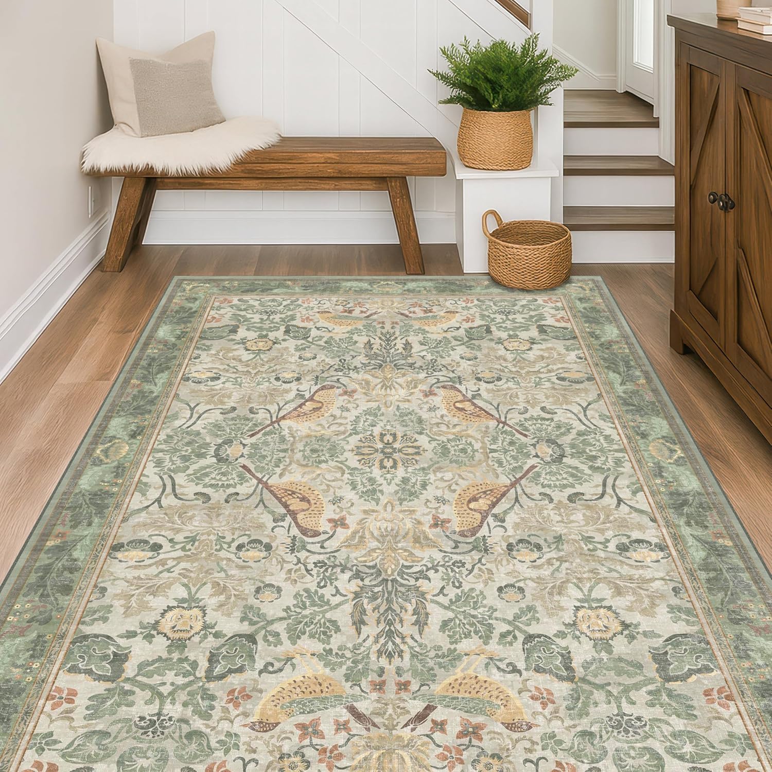 Tapis de salon vintage 120x185 cm fleuri rétro beige et marron