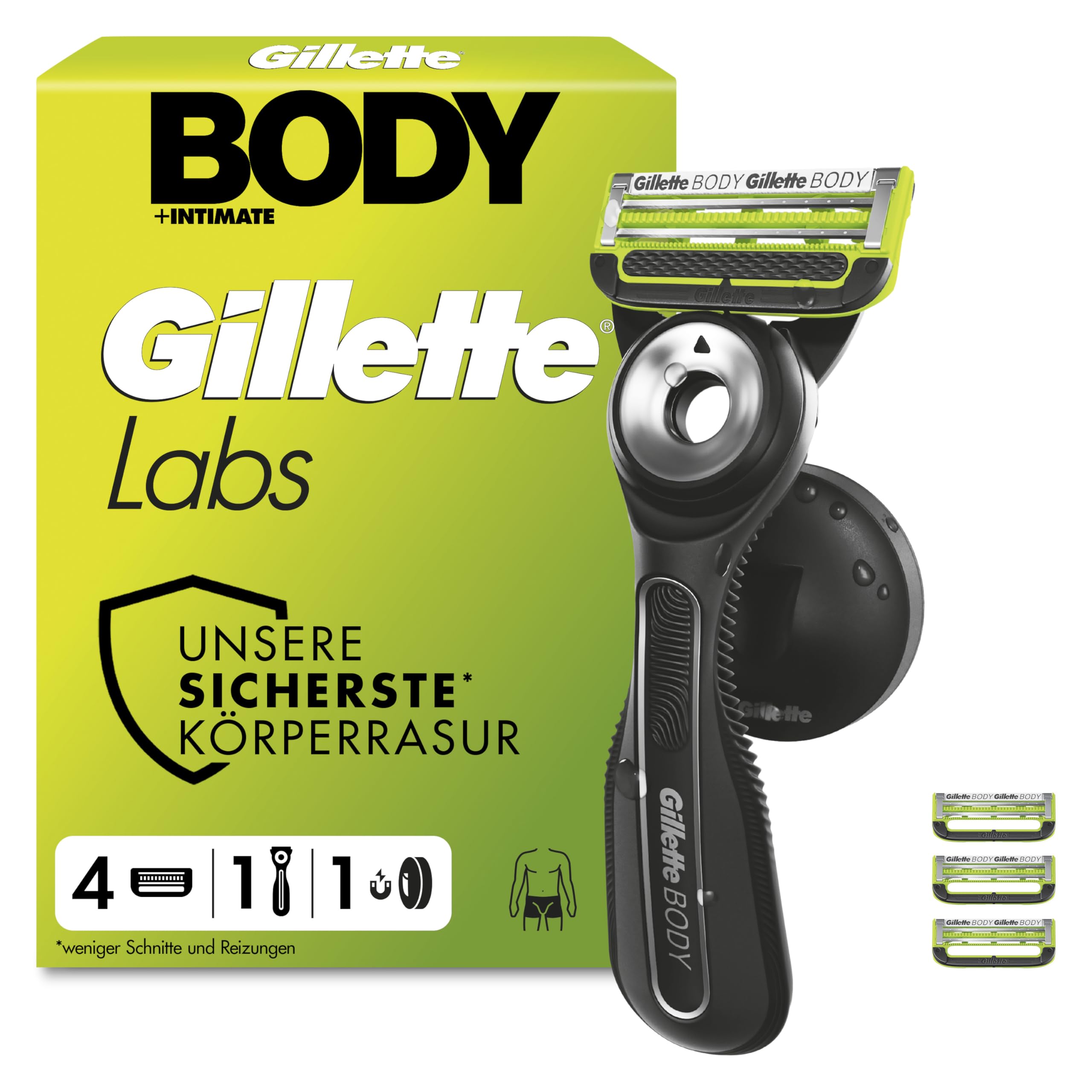 GilletteLabs Body & Intimate Rasierer Herren, Intimrasierer Mann mit Schutz gegen eingewachsene Haare und Irritationen — Inkl. Rasierhandstück für Körper und Intimbereich, Duschhalterung und 4 Klingen