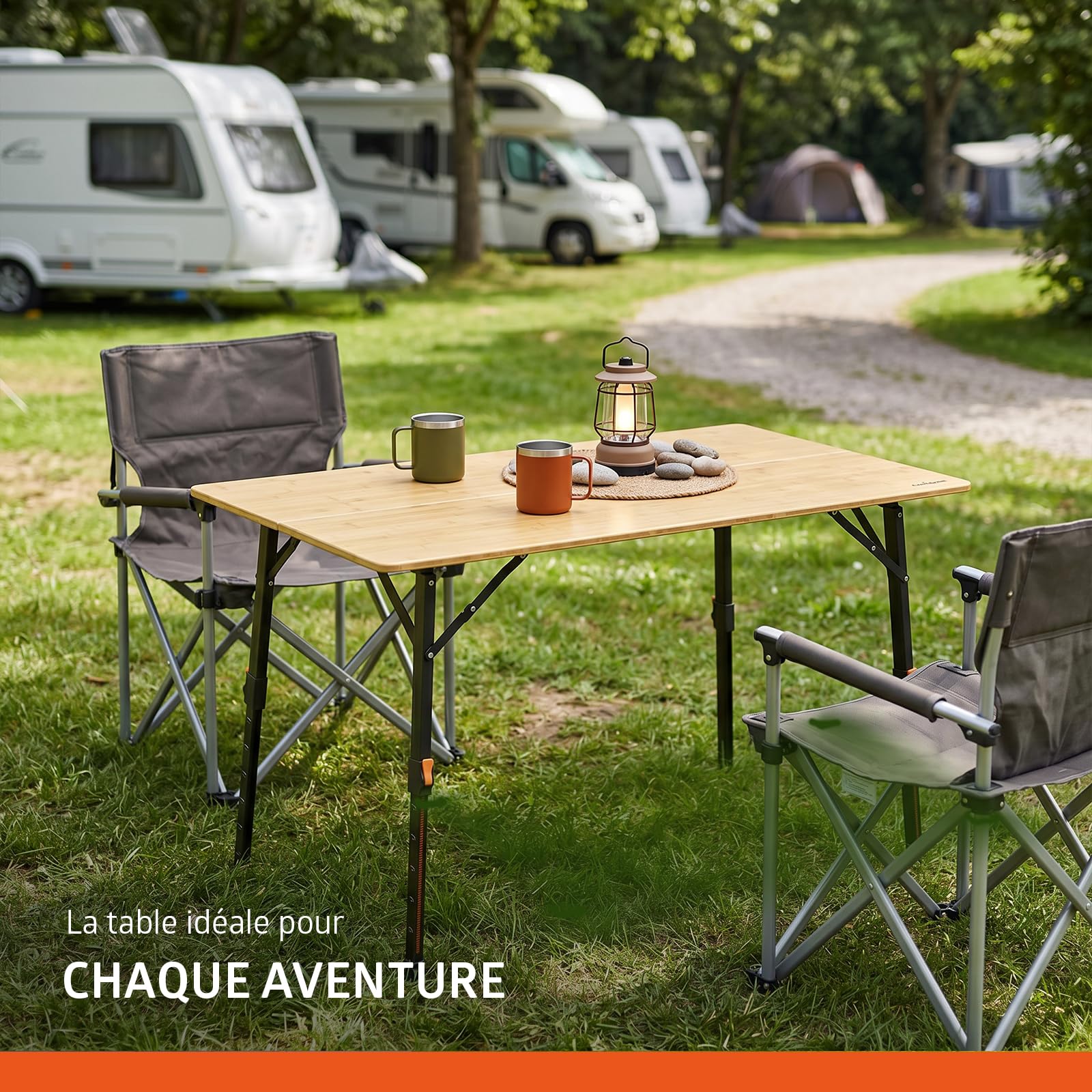Campout Table de Camping Pliante 120 x 70 x 70 cm – Table Pliante Extérieur Réglable pour 6 Personnes – Poignée Intégrée – Bambou