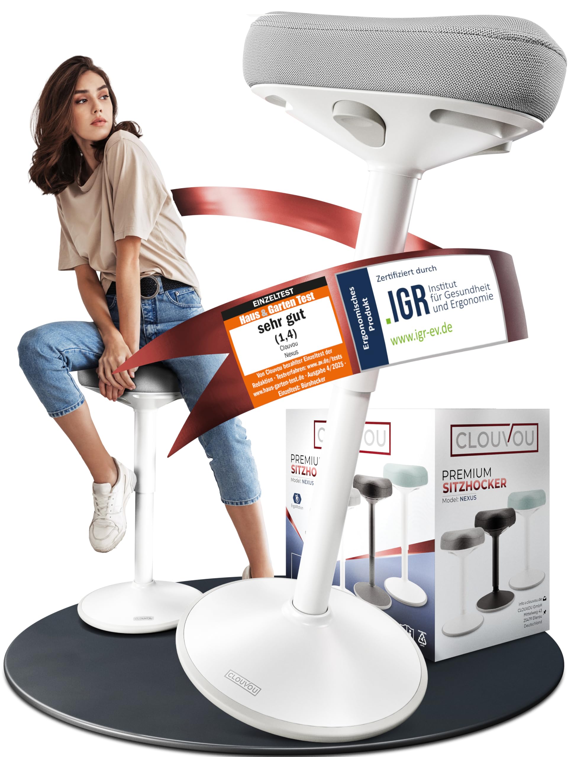 CLOUVOU Nexus Bürohocker ergonomisch [ORIGINAL] Stehhocker höhenverstellbar von 57cm bis 82cm - Ergonomischer Hocker Büro - Wackelhocker zur Stärkung des Rückens - Ergonomische Stehhilfe Büro