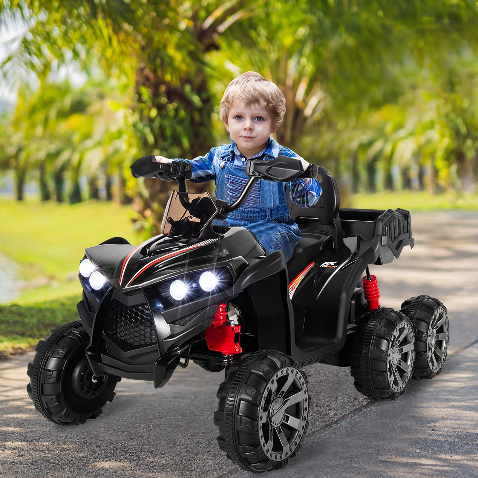 GOPLUS Voiture Electrique Enfants 12V avec 6 Roues 3-6 km/h, Quad Electrique Enfants à Batterie 3-8 Ans Lumières LED, Musique Charge 30KG (Noir)