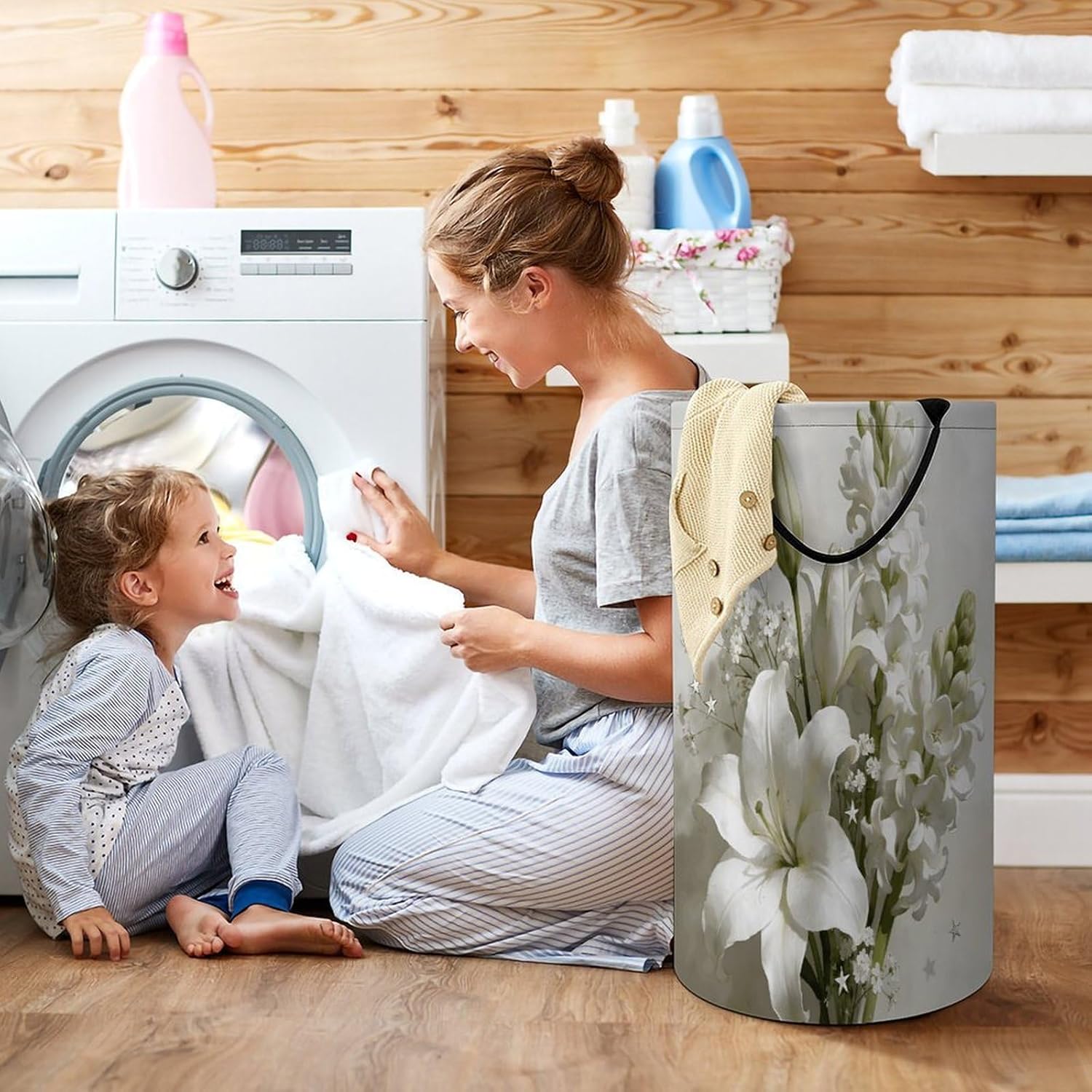 Flower Set White Laundry Hamper Portable Lightweight Clothes Hampers Fashion Dirty Laundry Storage Basket Large Capacity Foldable Clothes Baskets for Bathroom Bedroom