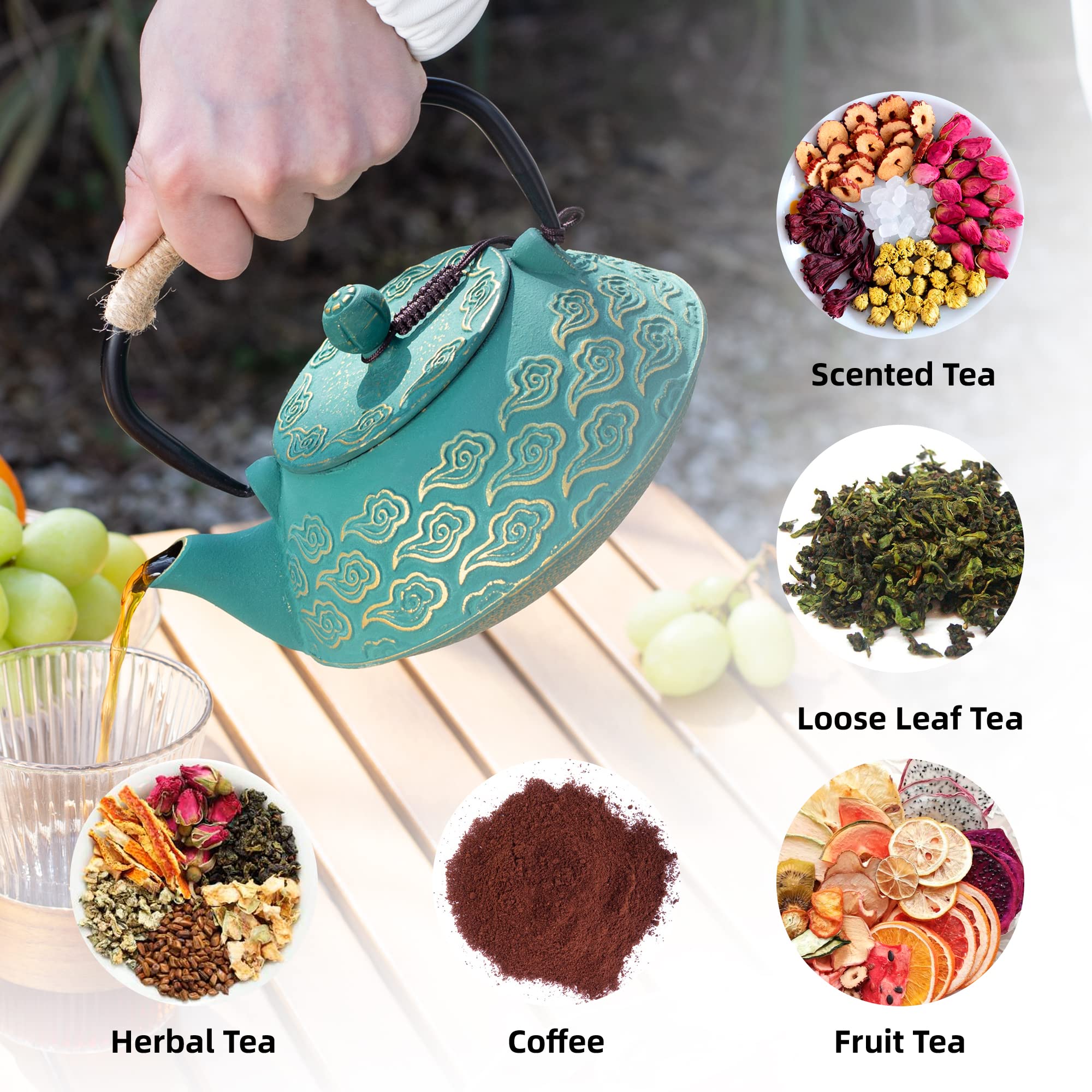 Théière japonaise en fonte avec infuseur pour feuilles en vrac, qui va sur la cuisinière, avec revêtement intérieur émaillé, motif nuages, 800 ml, vert