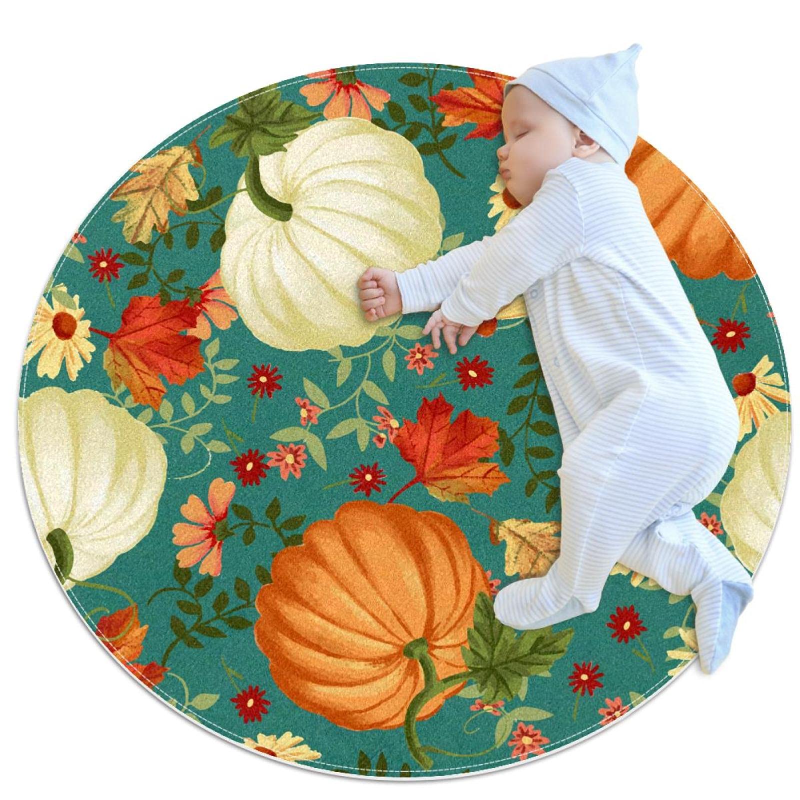 Tapis de salle de bain rond anti-glisse bleu sarcelle motif feuilles