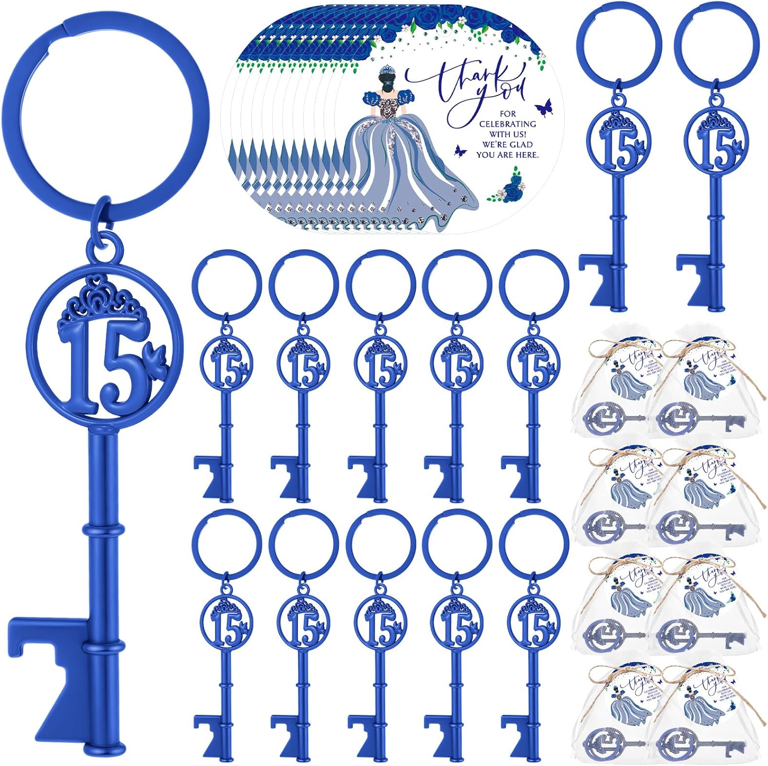 Sliner 50 Sets Quinceanera Party Favors for Guests 15 Birthday Keychain 15 Years Old Bottle Opener Thank You Tags Quinceanera Gift Birthday Quince Party Souvenirs for Girl Adults (Blue)