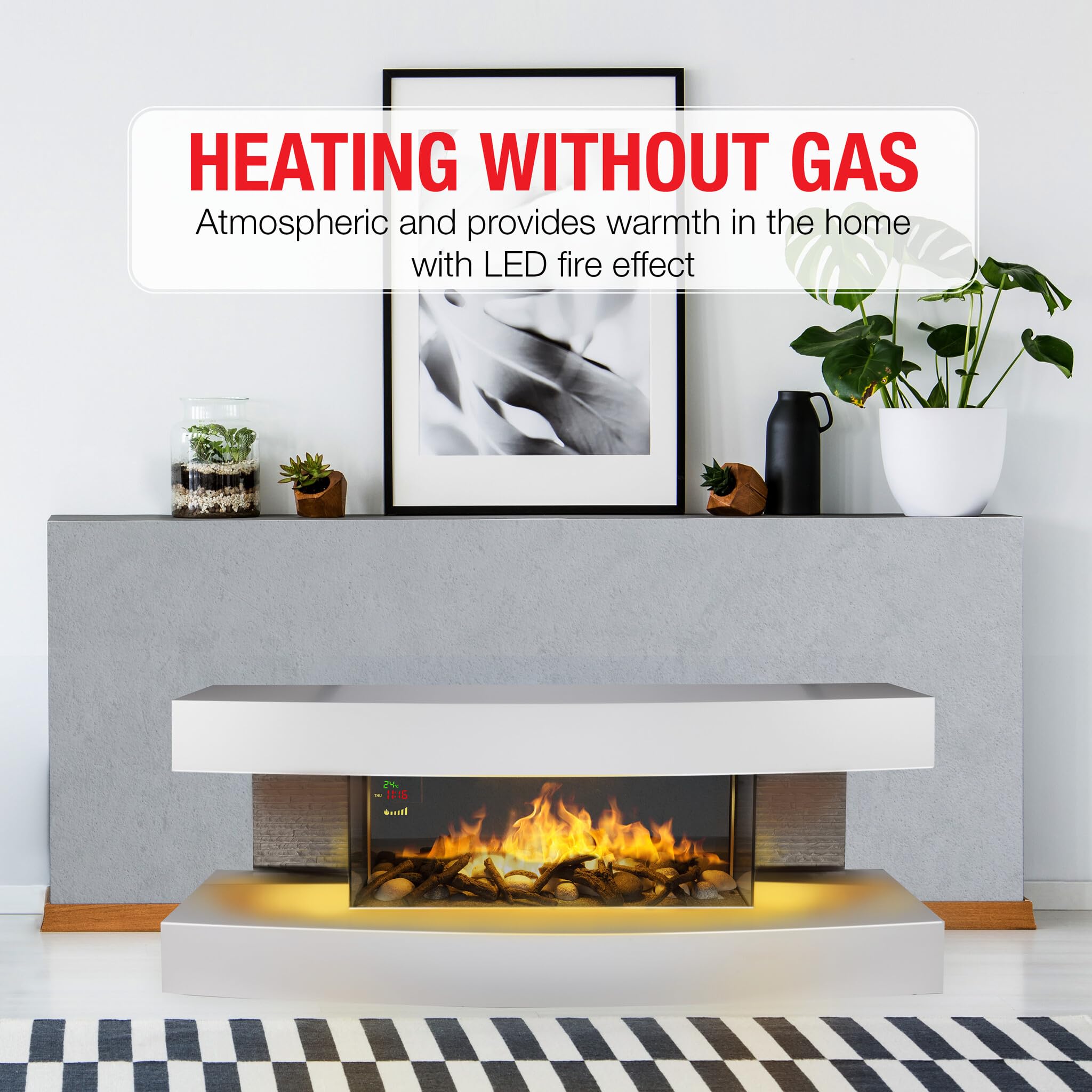 Montreal Chimenea Eléctrica - Chimenea Decorativa con Calefacción, Mando a Distancia y Temporizador - Estufa Eléctrica Independiente con Llama LED - 2000W - Blanco