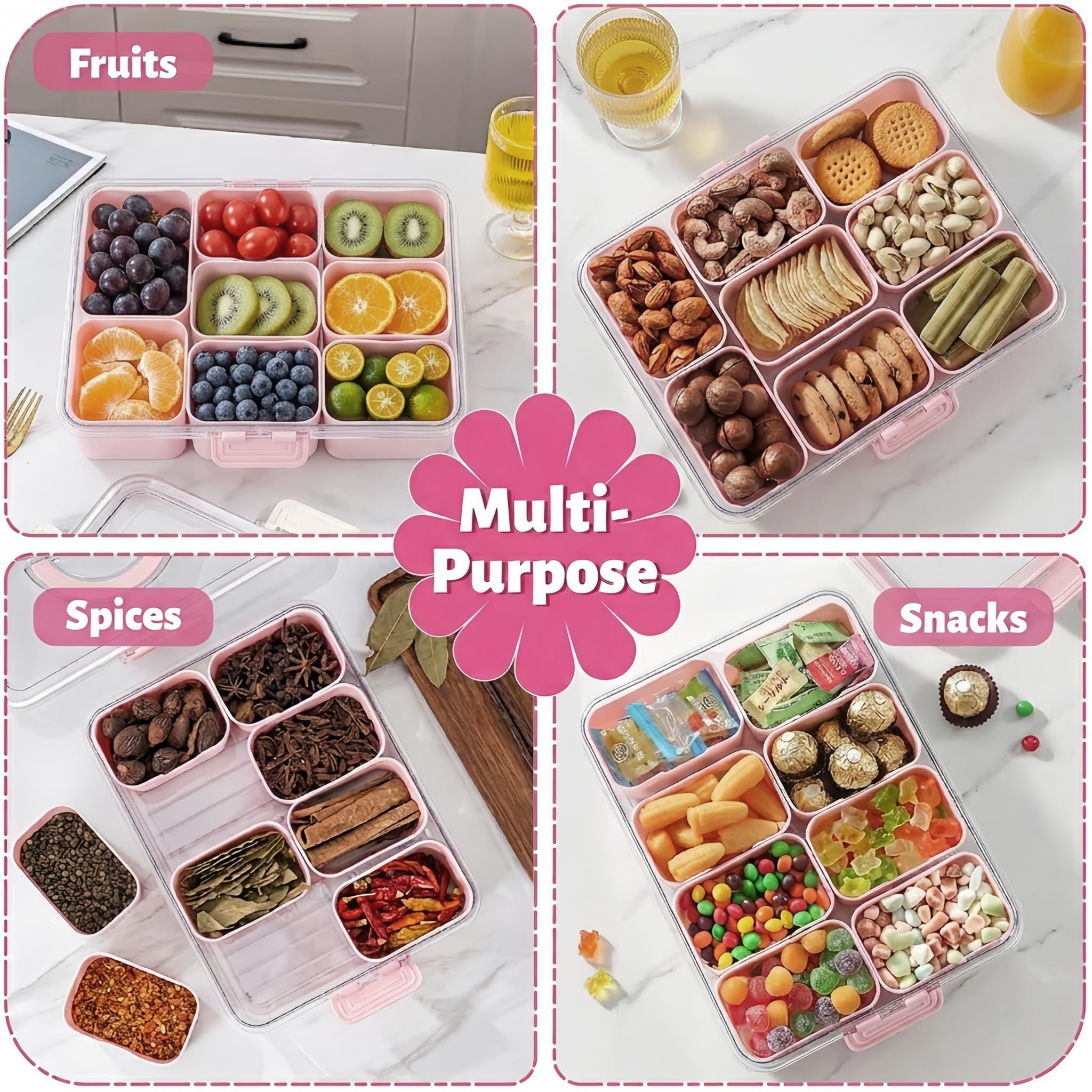 Contenitore per snack con scomparti e coperchio – Piatto da portata portatile per caramelle, frutta, snack, piatto suddiviso per picnic e feste PP (PINK)