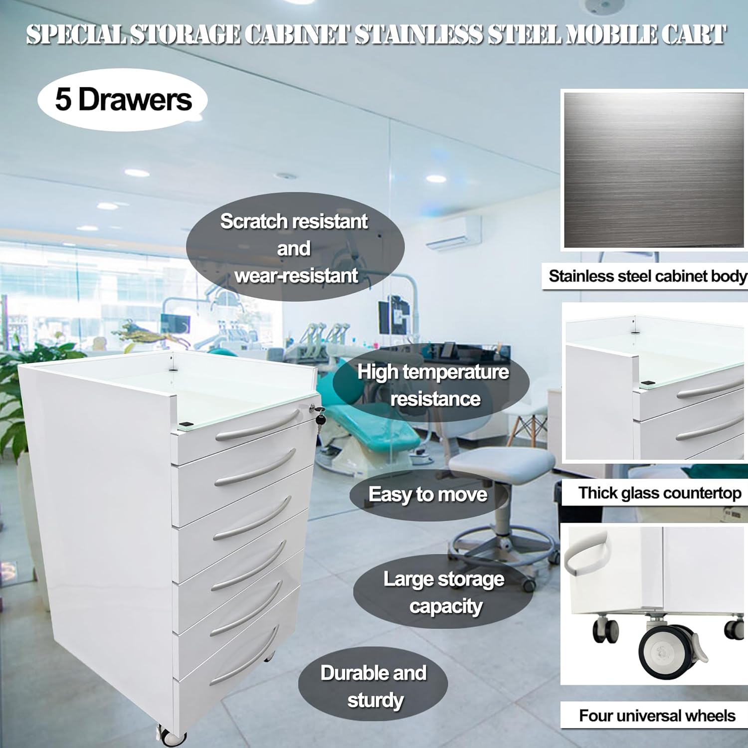 Storage Cabinet Office Mobile File Cabinet 5 Drawers Utility Mobile Storage Cabinet Stainless Steel Moving Side Cabinet Portable Storage Device with Brake Wheels