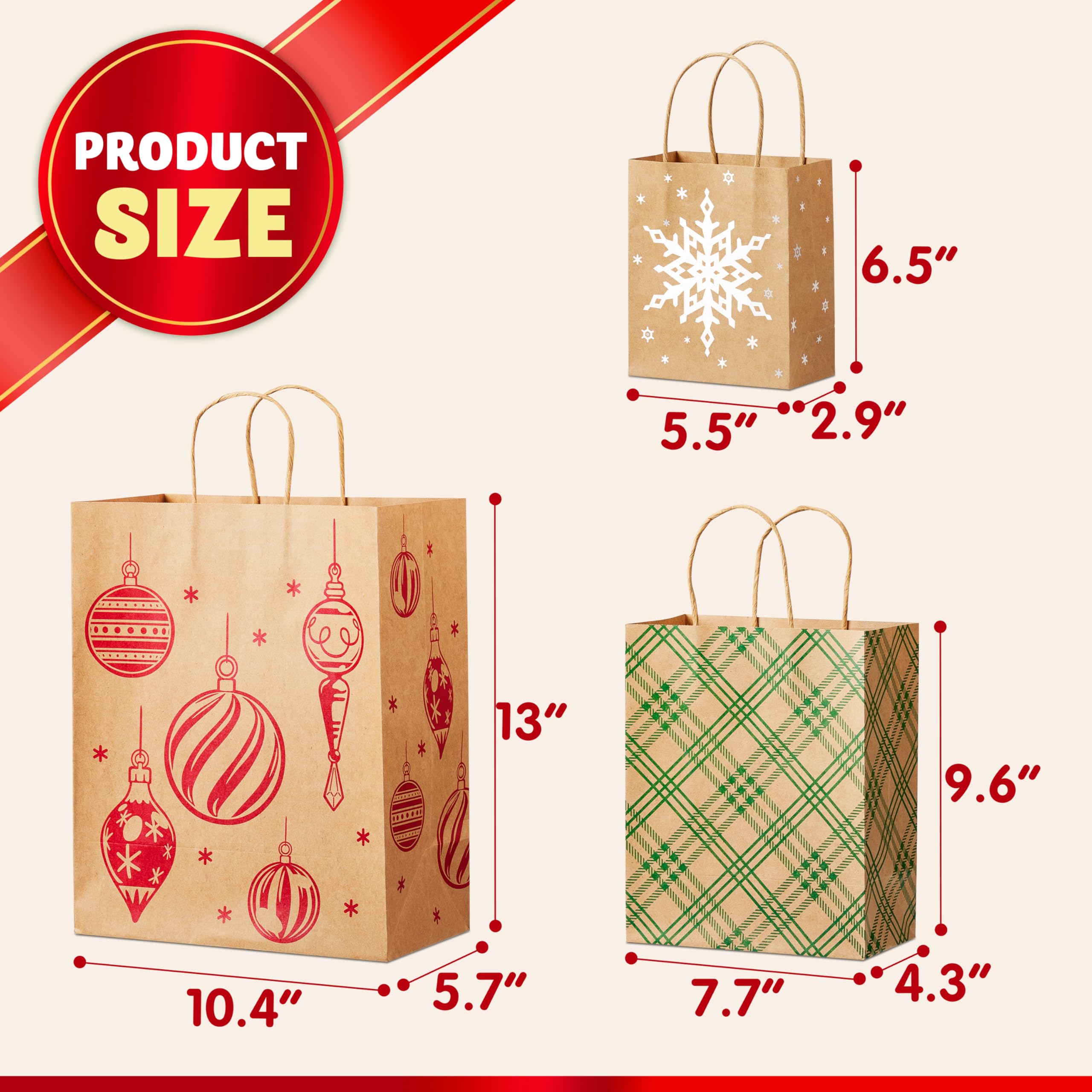JOYIN Lot de 24 sacs cadeaux de Noël en papier kraft de tailles assorties, sacs d'emballage réutilisables avec poignées pour fête, anniversaire, festival, salle de classe, friandises, bonbons et