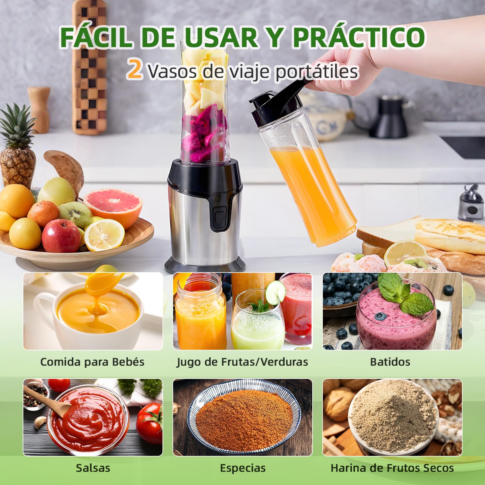 Carehabi Batidora de Vaso Portátil, Mini Licuadora para Batidos con 2 Botellas 600ml (Libre de BPA), Motor 300W Acero Inoxidable + 4 Cuchillas - Plata