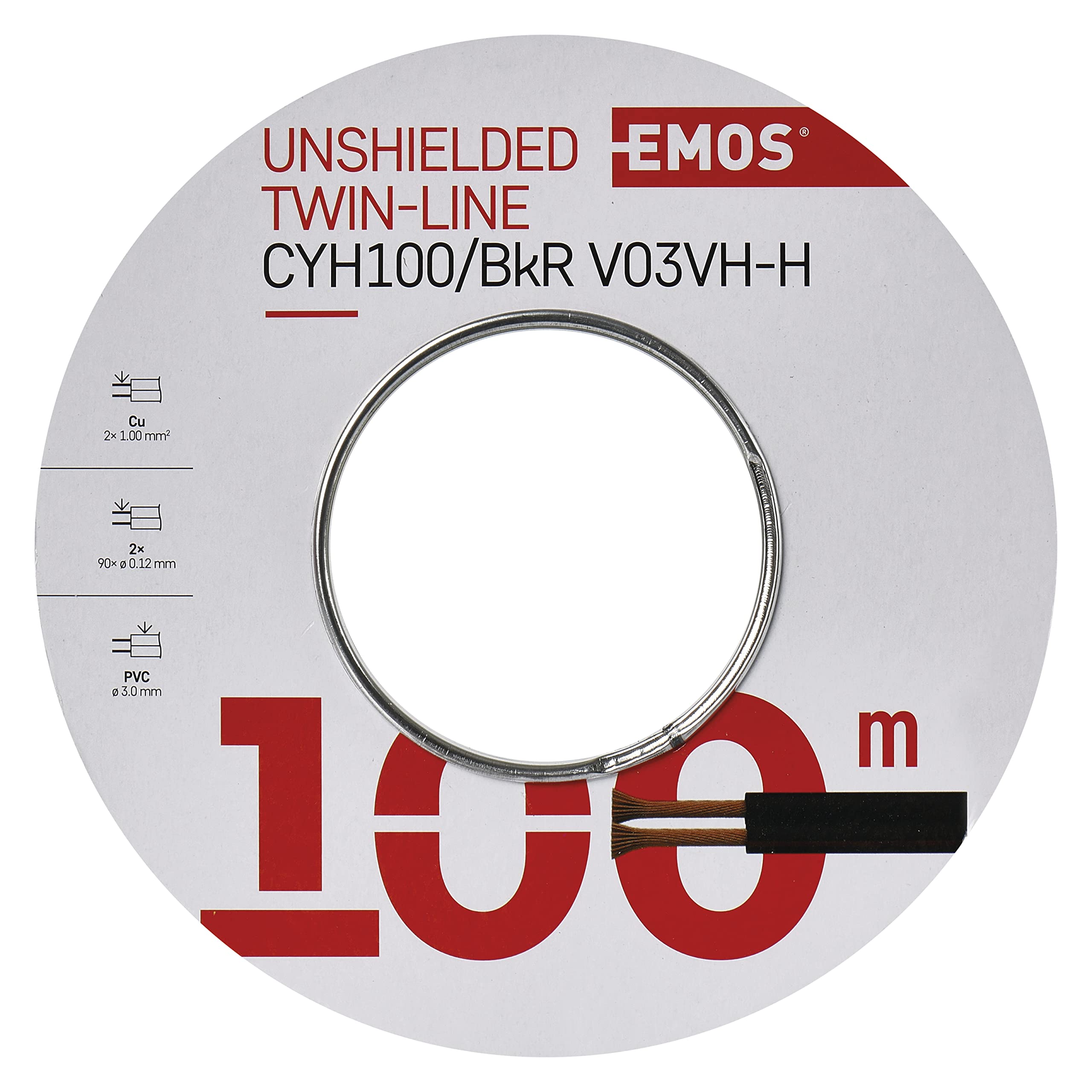 EMOS S8280 Câble en cuivre 2 x 1,0 mm² 100 m en cuivre pur pour basse tension Noir avec marquage polarité
