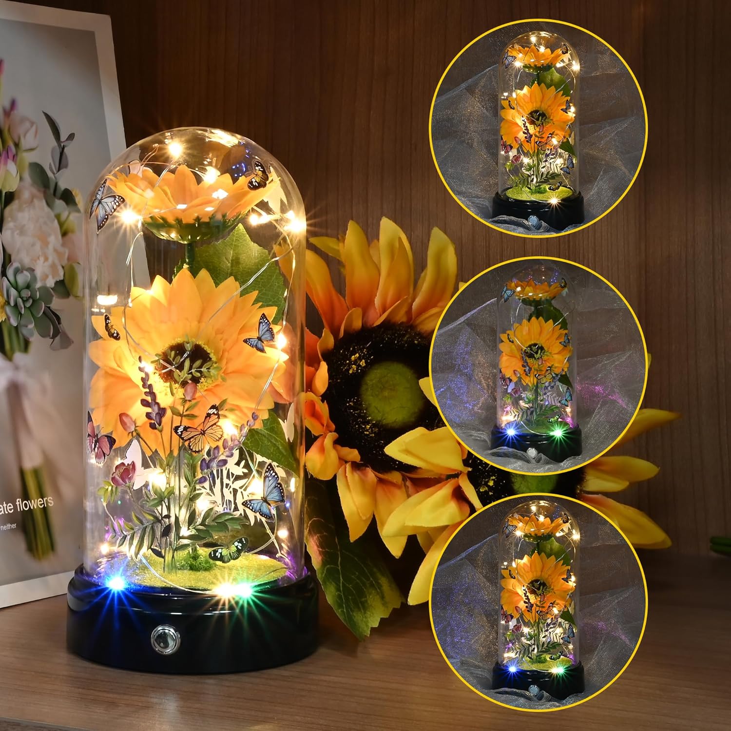 TECHSHARE Sunflower Gifts for Women,Yellow Artificial Sunflowers with LED Light in Glass Dome,Cute Sunflower for Christmas,Birthday, Mother's Day, Valentine's Day