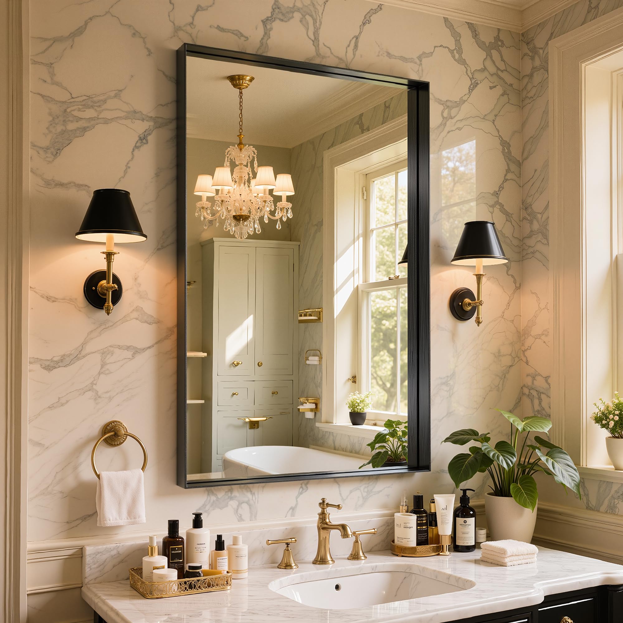 Photo 1 of Bimno Bathroom Mirror 55"x30",Black Framed Large Mirrors for Wall, Aluminum Metal Frame Modern Vanity Mirror for Bathroom, Bedroom, Living Room, Over Sink, Entryway Hangs Horizontal or Vertical