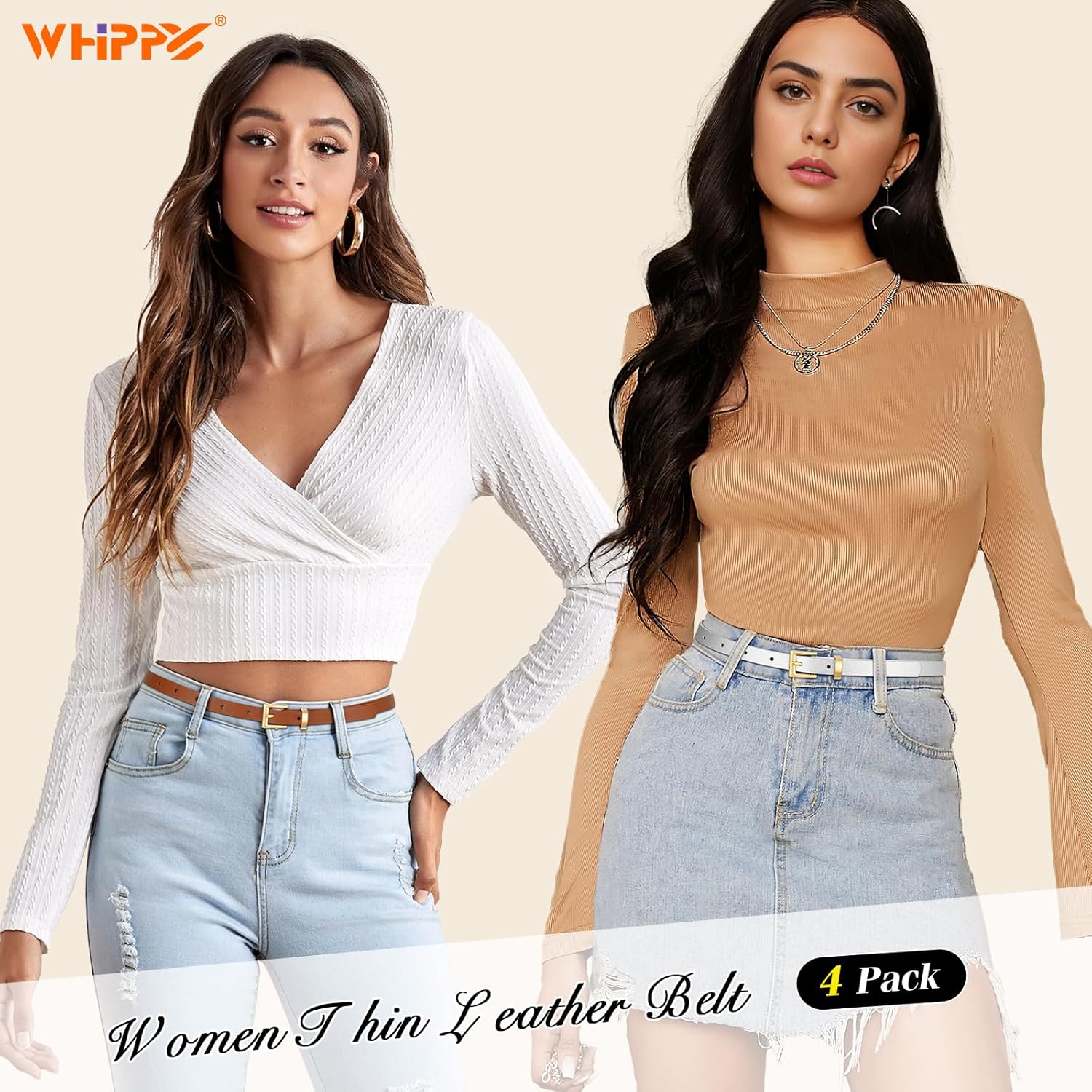 WHIPPY Set of 4 Women Skinny Leather Belt Thin Waist Belt with Metal Buckle for Pants Jeans Dresses - Image 3